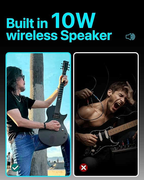 Electric Guitar Nova Go Sonic - 1/4 Black Smart Electric Carbon Fiber Guitarra with 10W Wireless Speaker, Onboard Presets, Charging Cable, Adjusting Wrench, and Gig Bag
