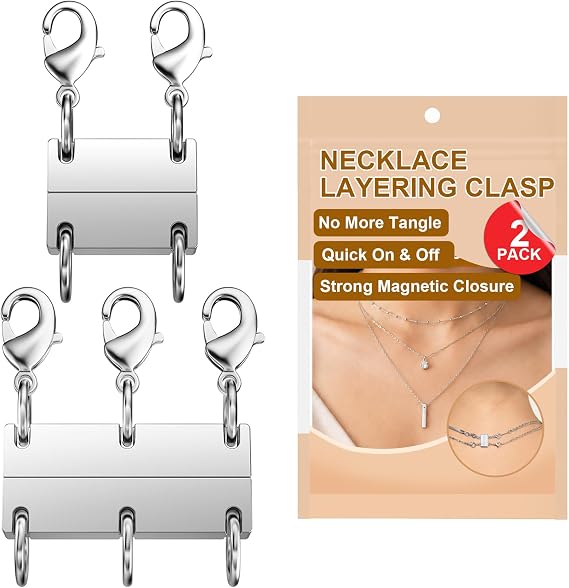 Necklace Layering Clasp, Silver Plated Magnetic Necklace Separator & Extender, Double & Triple Chain Closure for Layered Necklaces, 2-Pack (Silver)