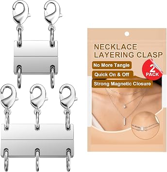 Necklace Layering Clasp, Silver Plated Magnetic Necklace Separator & Extender, Double & Triple Chain Closure for Layered Necklaces, 2-Pack (Silver)