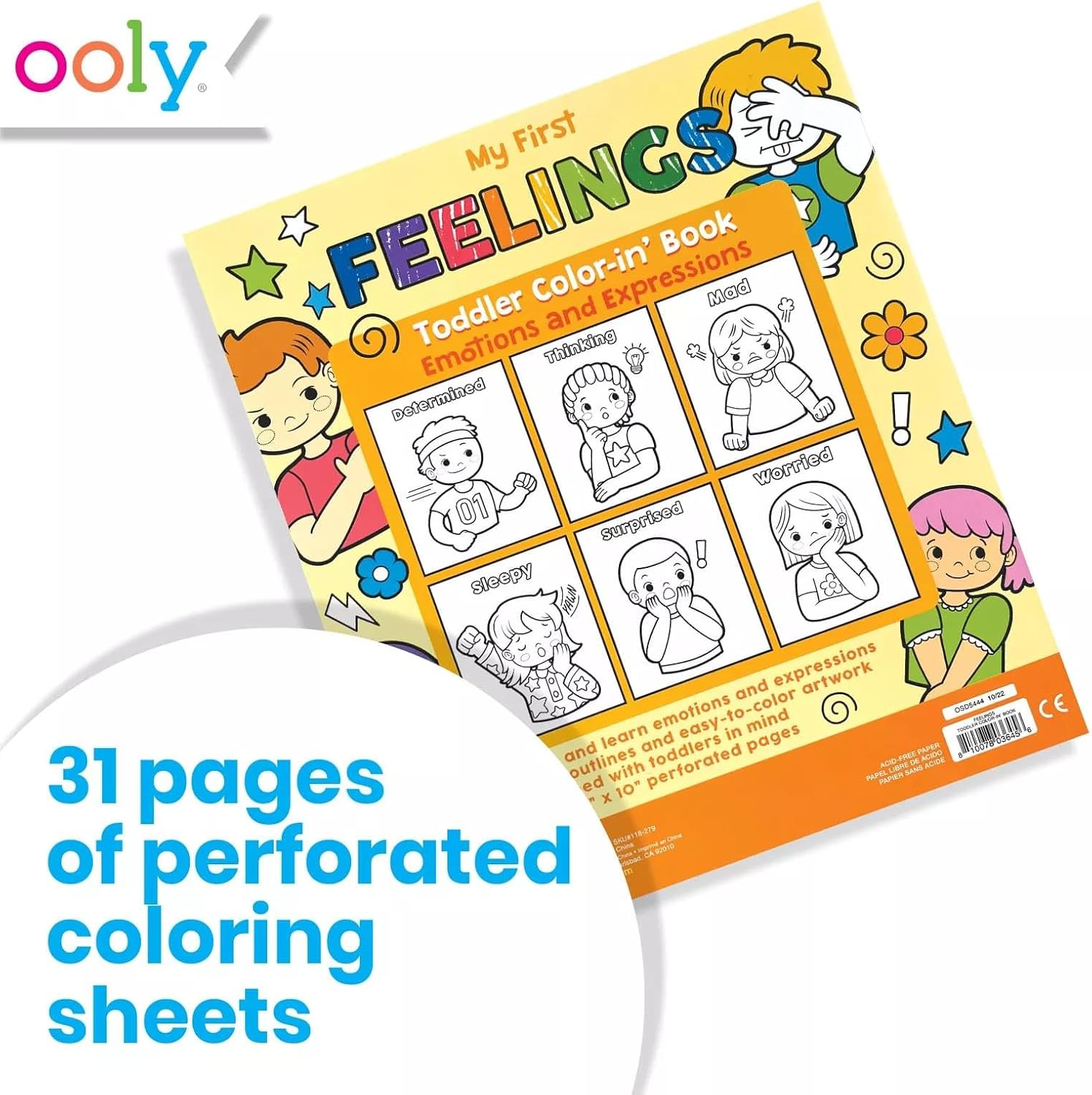OOLY Coloring Book for Toddlers, Fun Activity Coloring Pages for Kids, 31 Perforated Pages 8"x10" to Hang, Great Kid's Activities for School, Birthday Parties, Road Trips - My First Feelings