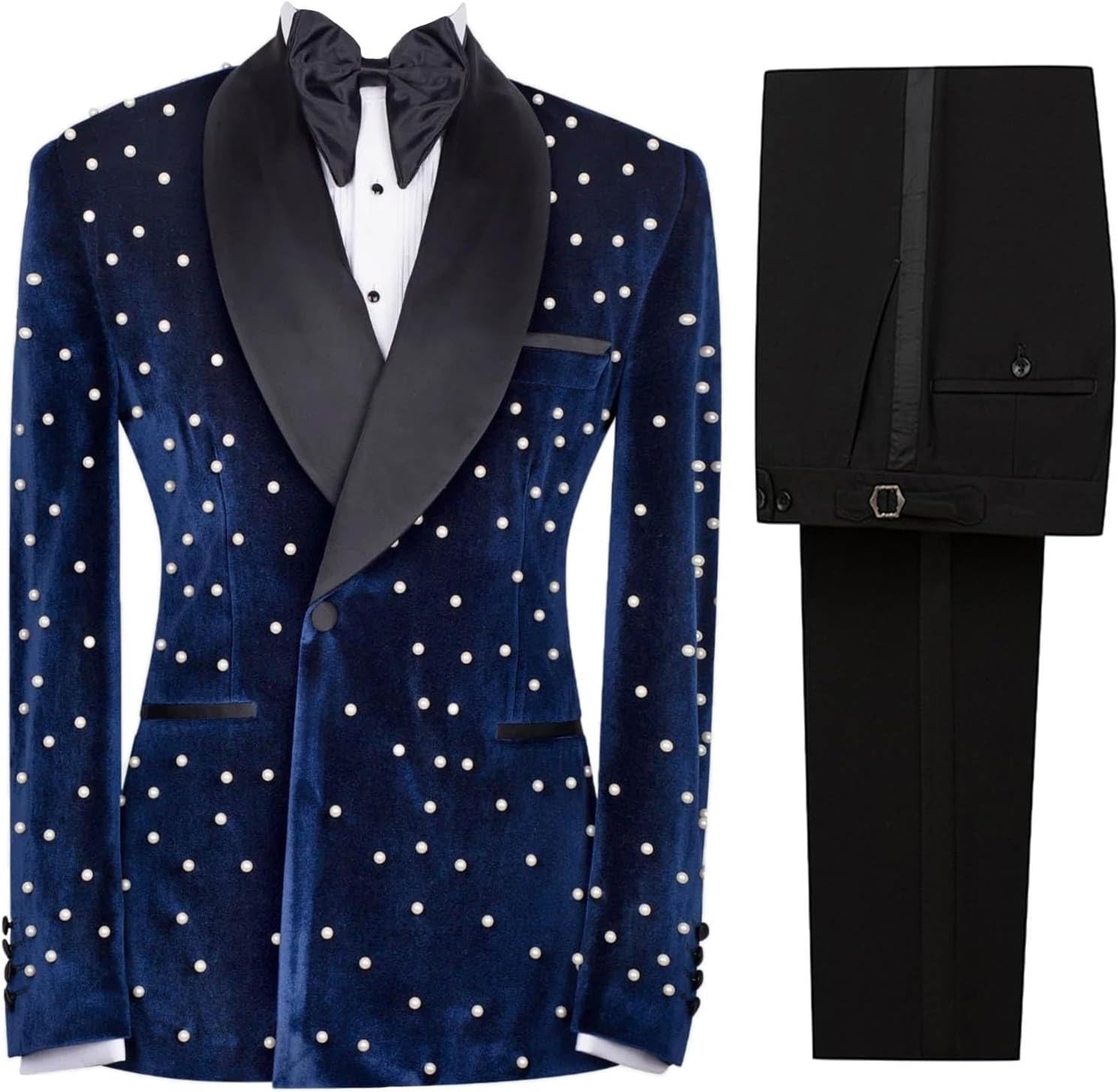 Men's Velvet Tuxedo Suit 2 Pieces Blazer with Full of Peals and Black Trousers