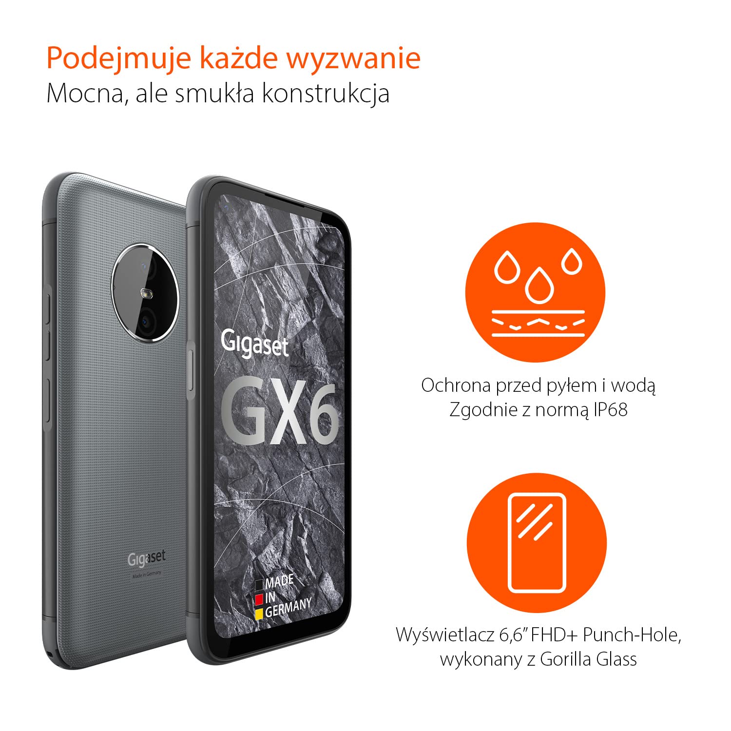 Gigaset GX6 wzmocniony smartfon 5G, standard wojskowy, pyło- i wodoszczelny IP68 - wyświetlacz 6,6" FHD+ z Corning Gorilla Glass, 128GB+6GB RAM, aparat 50MP - szybkie ładowanie - Android 12, szary