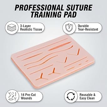 Suture Practice Pad 3 Layer Silicone Suture Kit with 14 Pre-Cut Wounds 15x11CM Reusable Stitching Practice Pad for Medical Students Nurses Vet Techs Training Durable Skin Model with Protective Mesh