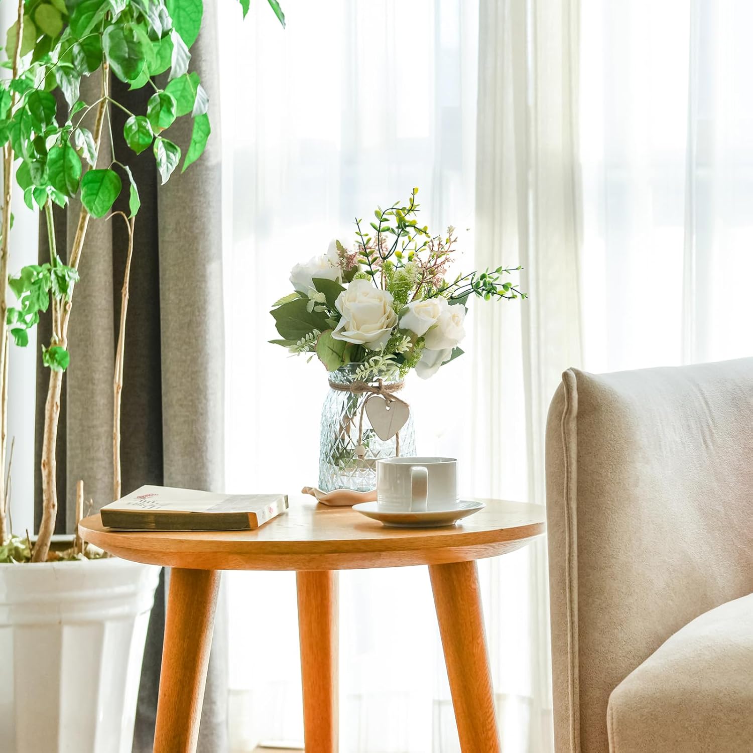 Artificial Flowers with Vase, Faux Silk Roses in Vase, Fake Plant Eucalyptus Flower Arrangement for Office Home Farmhouse Bathroom Dining Table Centerpiece Decorations Coffee Table Decor - Image 6