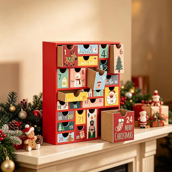 クリスマスステーション クリスマスアドベントカレンダー 引き出し24個付き クリスマスデコレーションまでのカウントダウン 小さなギフトを詰め込める 詰め替え可能 木製アドベントクリスマスギフト 子供向け レッド&カラフル