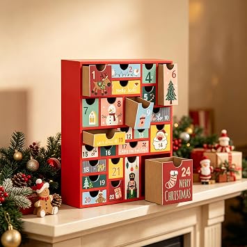 クリスマスステーション クリスマスアドベントカレンダー 引き出し24個付き クリスマスデコレーションまでのカウントダウン 小さなギフトを詰め込める 詰め替え可能 木製アドベントクリスマスギフト 子供向け レッド&カラフル