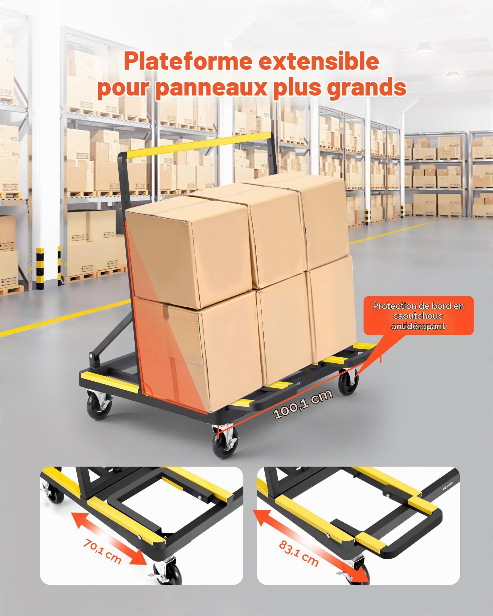 VEVOR Chariot Porte-plaques de Plâtre, Charge 816,5 kg, Chariot Porte-Panneaux de Cloisons Sèches, avec roulettes Pivotantes, Base Extensible, Sangle Arrimage, Bandes Antidérapantes, pour Transport