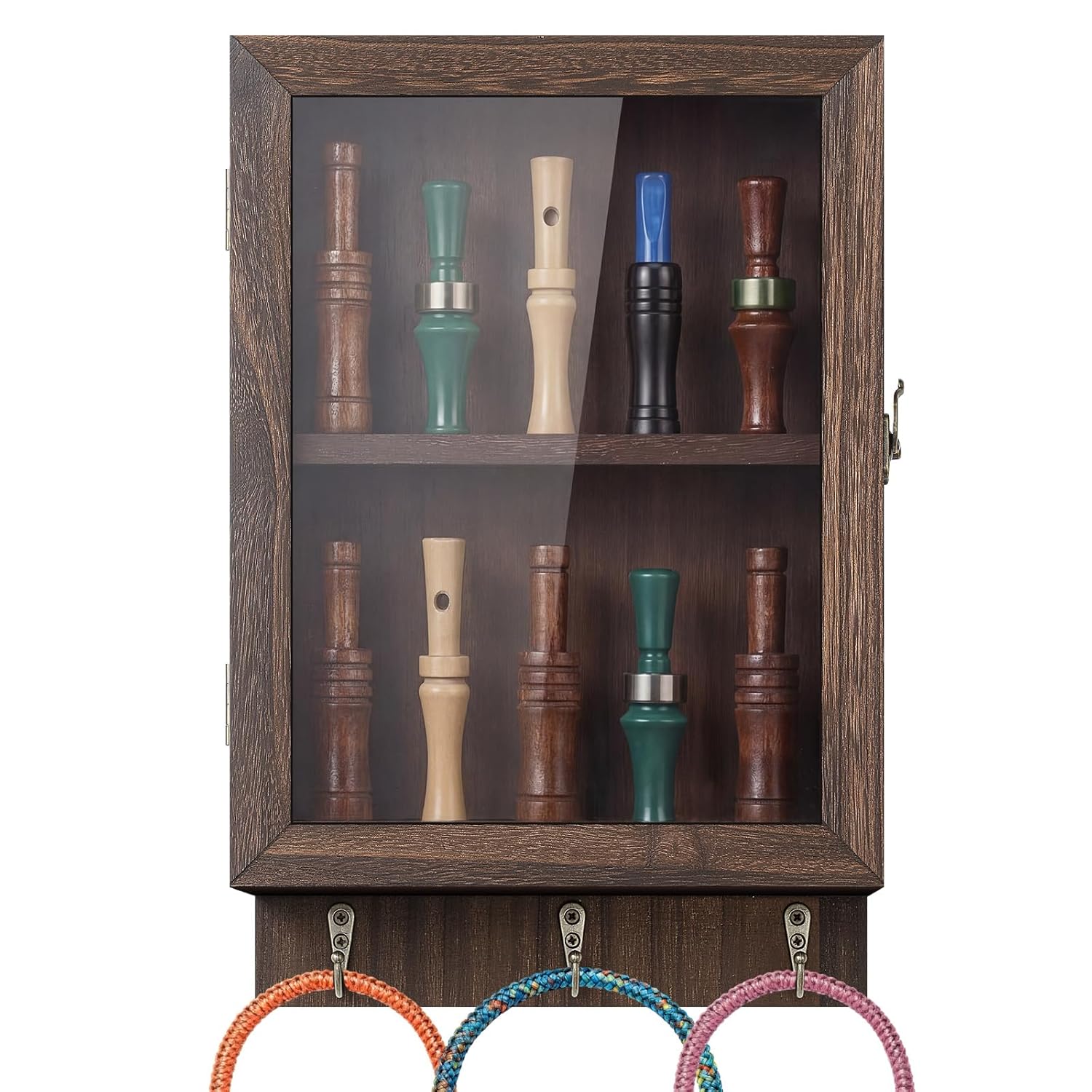 AceOrbit Duck Call and Lanyard Display Rack Holder with Hook, Wall Mount Wood Storage Case for 10 Calls and 3 Lanyards, Visible Whistle Stand Box Gift for Home Room Hunting Decor, Fixing, Dark Brown