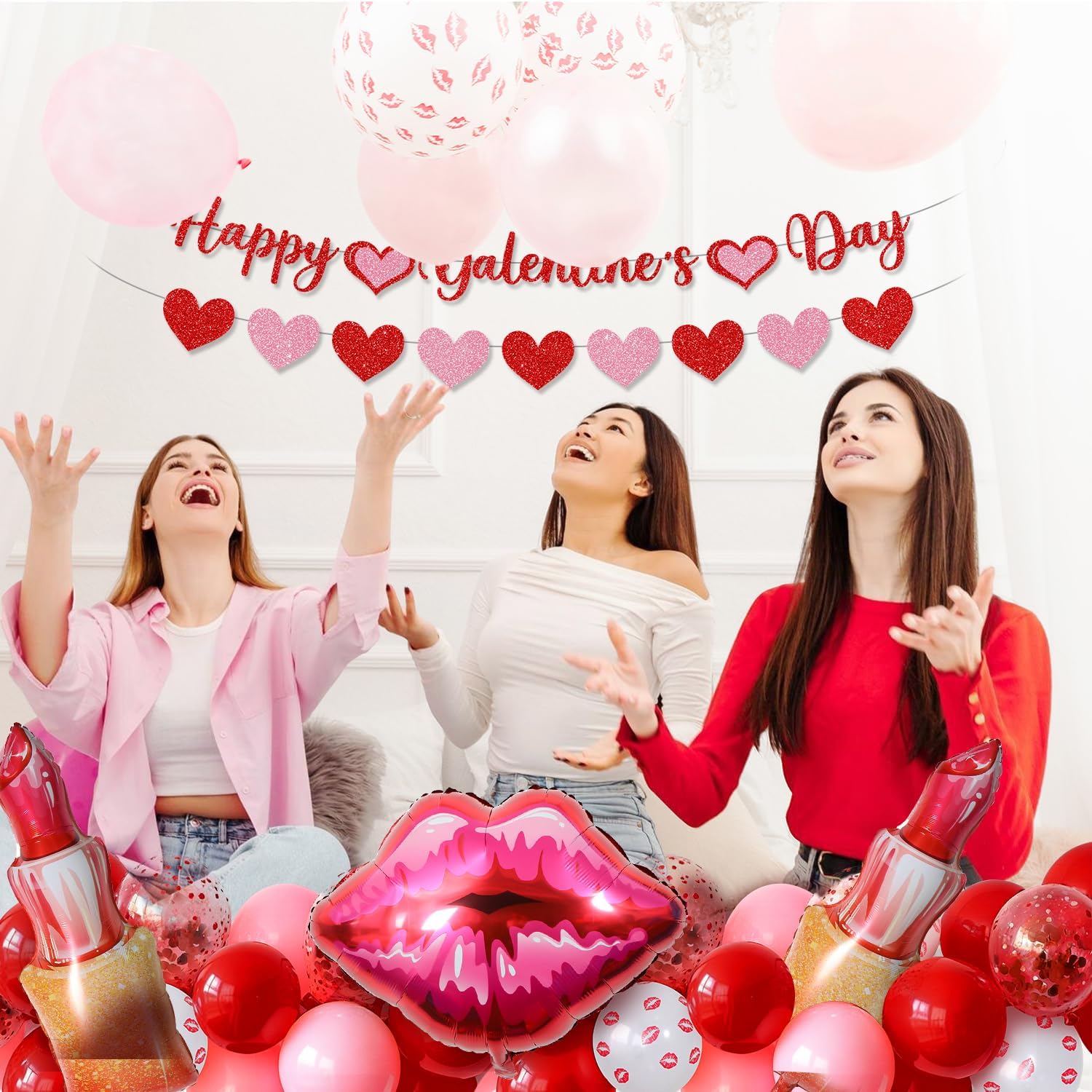 53pc Galentines Day Decorations, Happy Galentines Day Balloons Kit with Banner, Heart Foil Balloons, Latex Balloons for Girls Galentine Party Decor, Girls Night