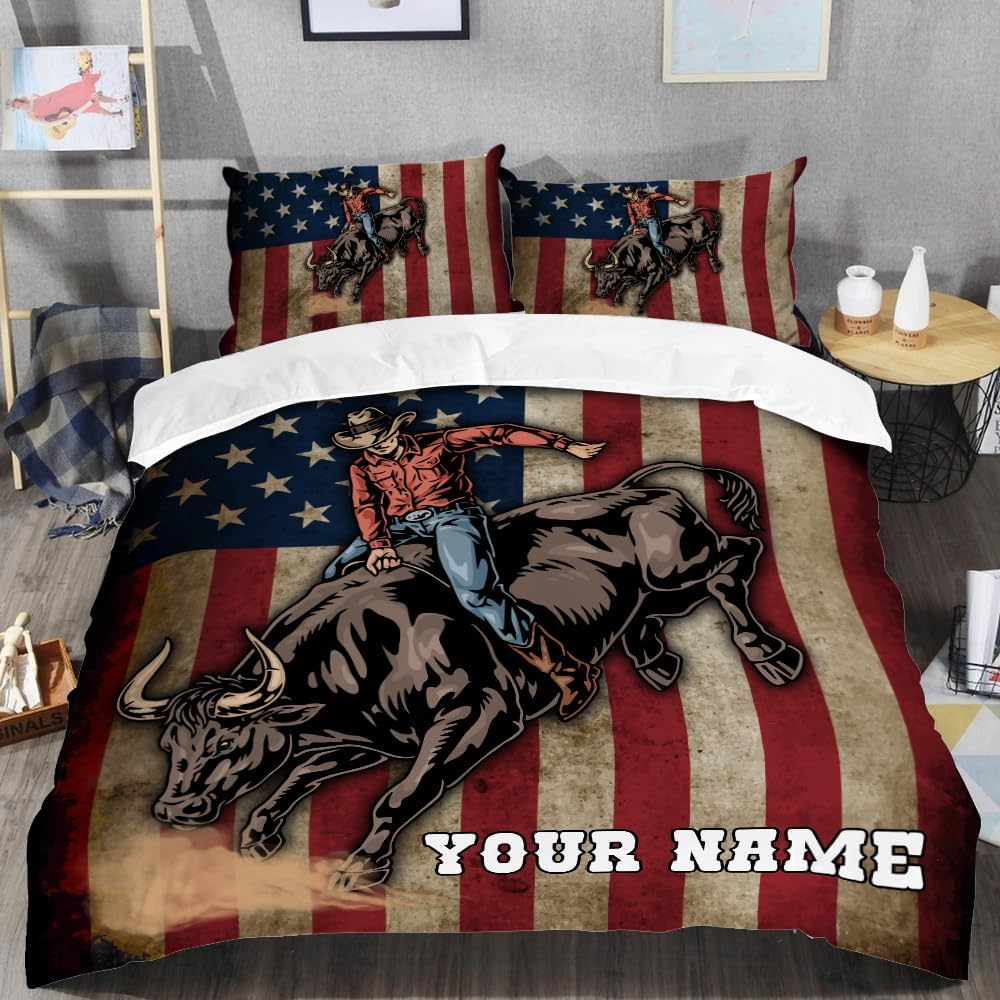Vintage Flag Bull Riding Bedding Set, Cowboy Comforter Twin Full Queen King, Western Cowboy Comforter, Bull Riding Gifts Rodeo Blanket Soft Lightweight Bull Rider Comforter Sets (Flag Bull Riding)