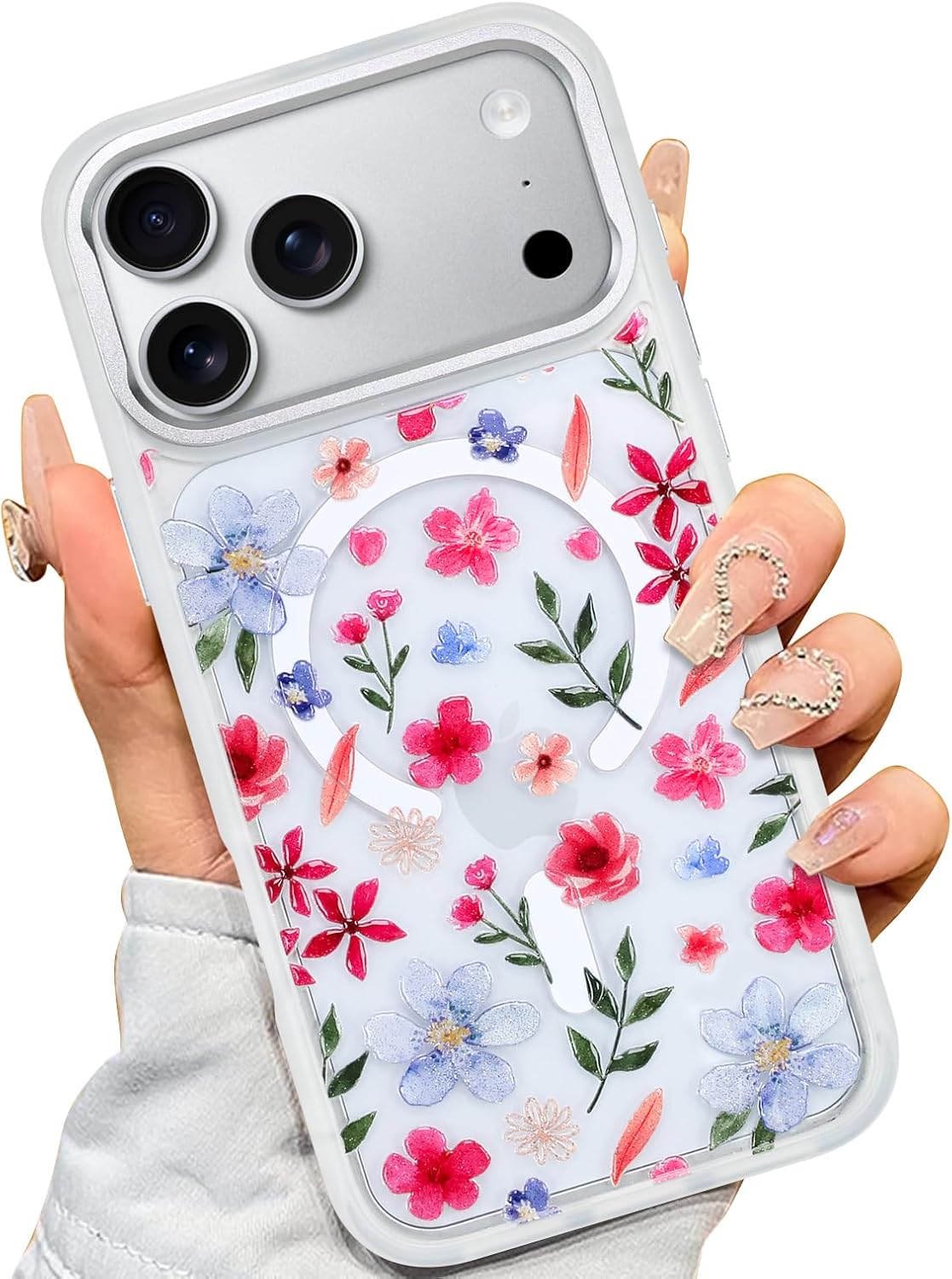 AIGOMARA Clear Case for iPhone 17 Pro [Compatible with MagSafe] Cute Bling Glitter Pink Blue Floral Pattern Soft TPU Bumper Hard PC Back Shockproof Protective Slim Magnetic Cover - Pink