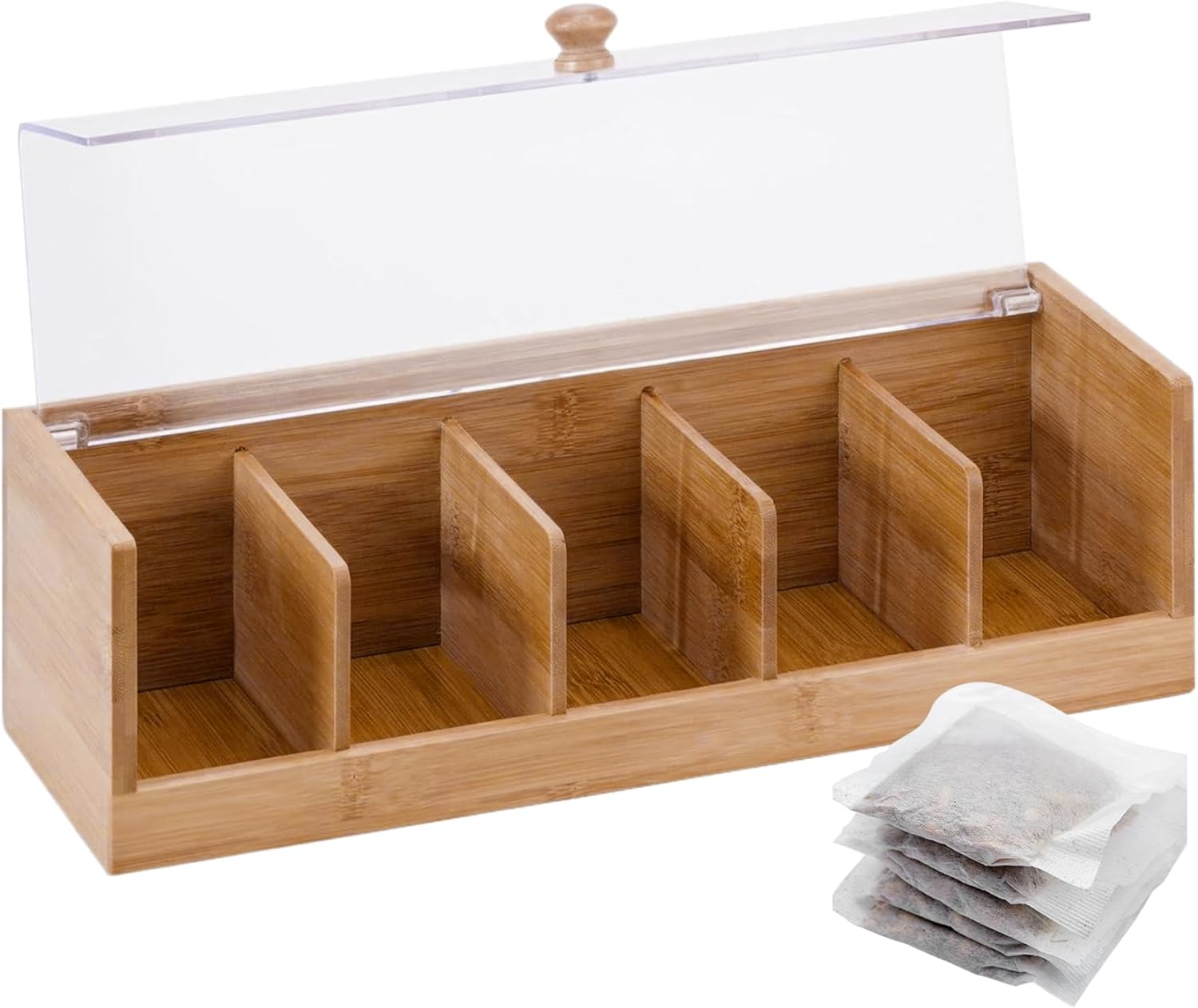 Bamboo Tea Box Organizer with 5 Compartments Dustproof Leakproof Tea Caddy with Transparent Lid Storage for Bags Milk Coffee Bags Bag Organizer