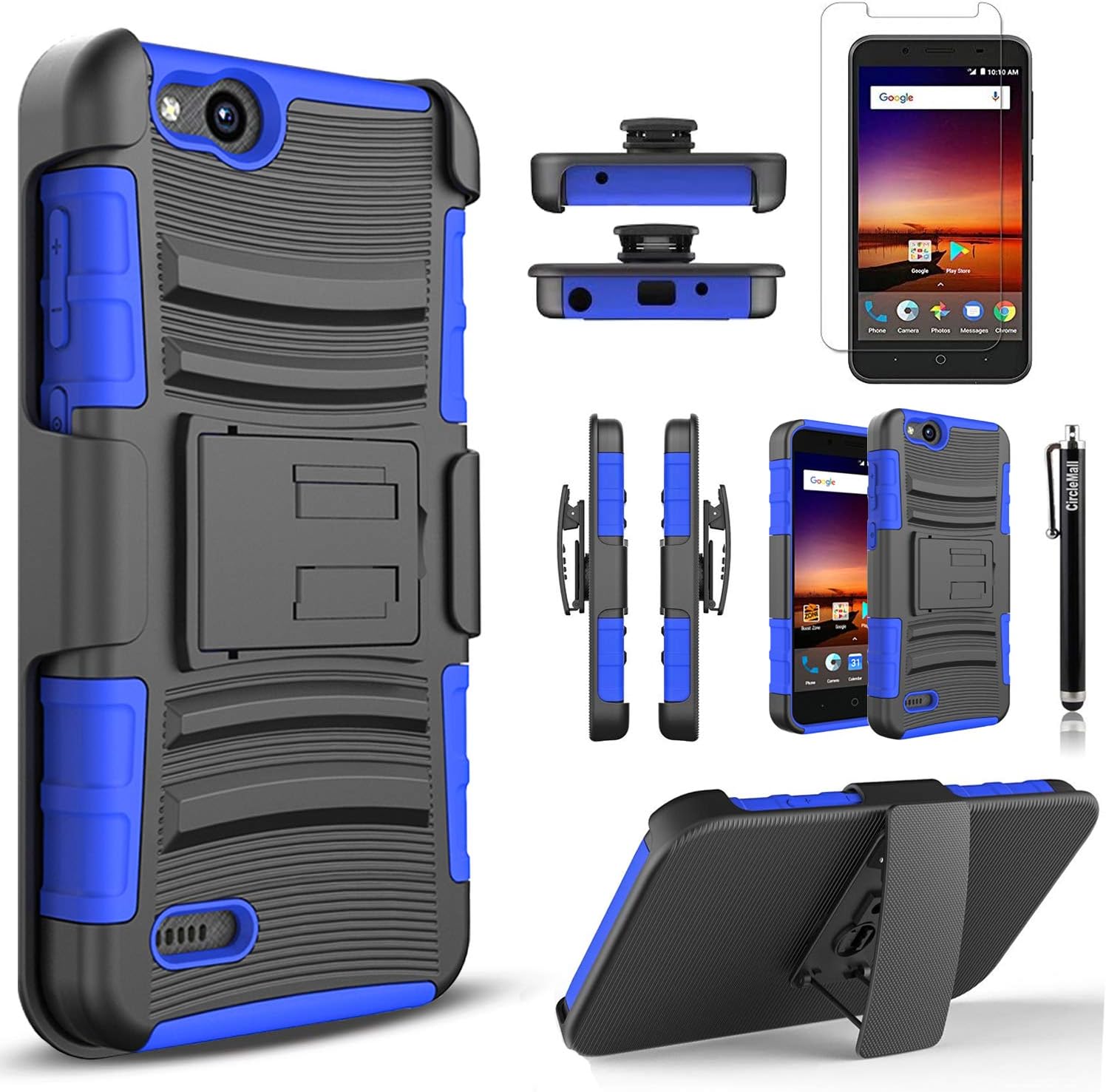 Circlemalls [Combo Holster] Phone Case Cover Compatible For ZTE Avid 4 /ZTE Fanfare 3 /ZTE Blade Vantage /ZTE Tempo X /ZTE Tempo Go /ZTE ZFive G LTE / ZTE ZFive C Z558VL, With [Screen Protector]-Blue