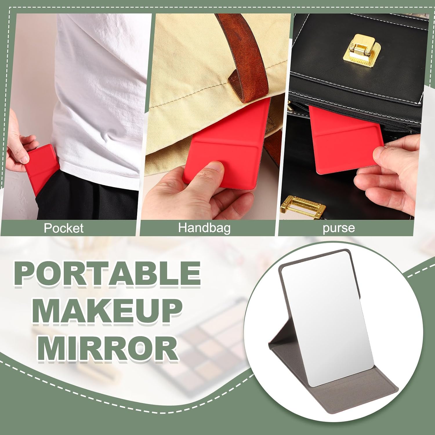 uxcell 2 Pcs Pocket Compact Folding Mirror, 4.3 x 2.8 Stainless Steel Portable Handheld Makeup Mirrors with Leather Case for Women, Girls, Purse, Gift, Travel(White/Light Blue) image 4