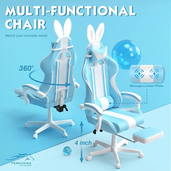 Ferghana Kawaii Light Blue Gaming Chair with Bunny Ears, Ergonomic Cute Gamer Chair with Footrest and Massage, Racing Reclining Leather Computer Game Chair 250lbs for Girls Adults Teens Kids