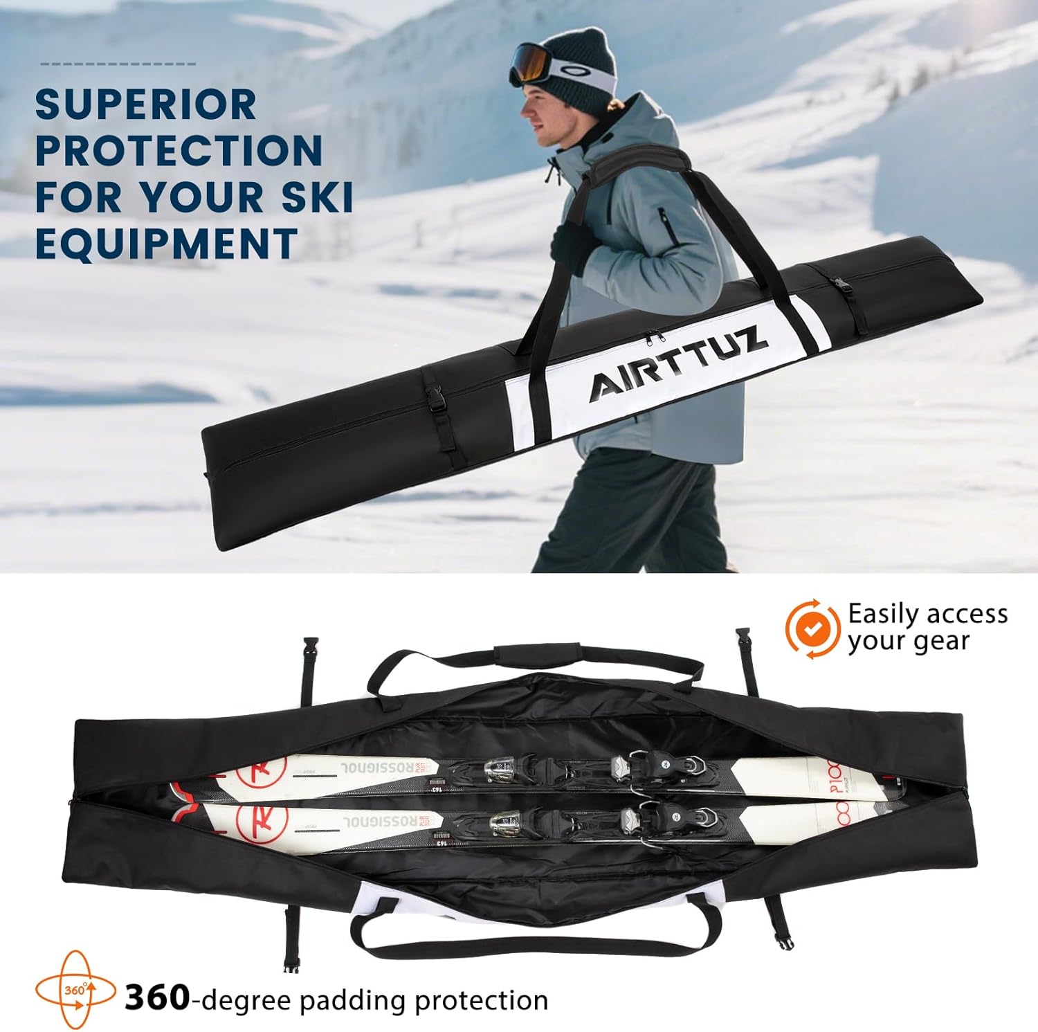 Ski Bag and Boot Bag Combo, Water-Resistant Ski Boot Travel Bag Fit Skis Up to 200 cm & Boots Size 13 With 5mm Foam Ski Gear Bag.