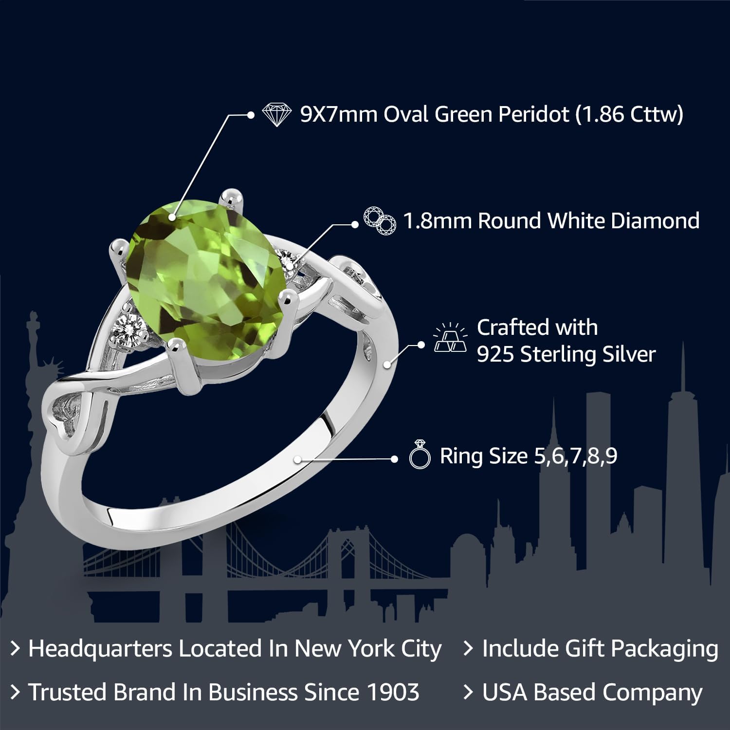 Gem Stone King 1.86 Cttw Green Peridot and White Diamond 3-Stone Ring For Women | 925 Sterling Silver | Gemstone Birthstone | 3 Stone Wedding Engagement Anniversary Promise Ring