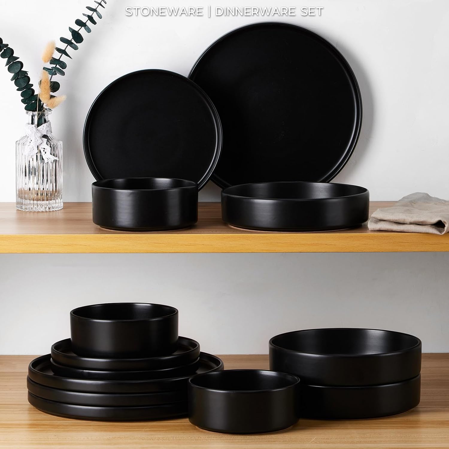 Onader 16 Piece Dinnerware Sets with Serving Bowls for 4, Stoneware Plates and Bowls Dish Sets, Ceramic Dinner Ware Dishware for Kitchen Dining, Chip & Scratch Resistant - Ebony Black