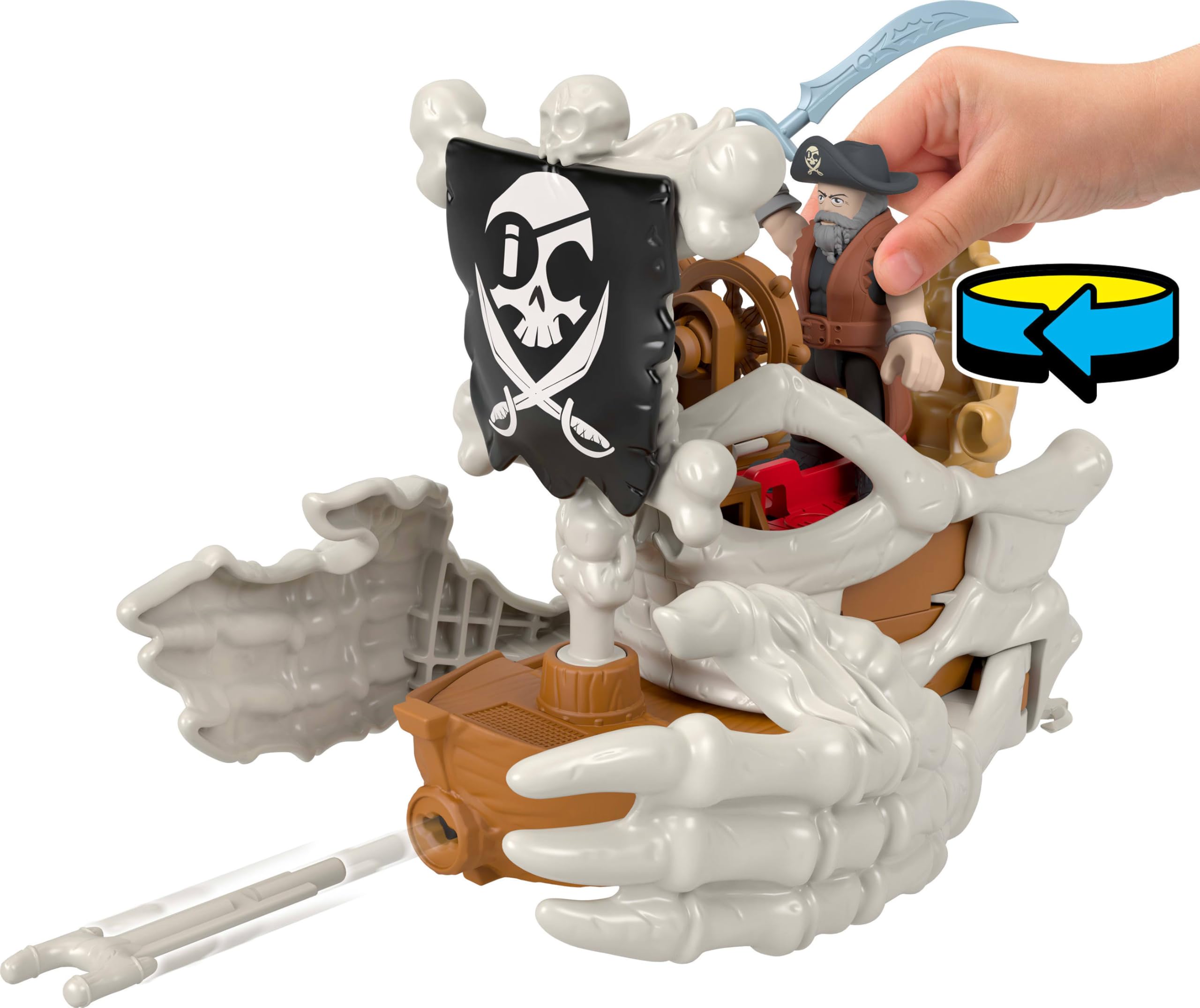 Imaginext - La Nave Di Billy Bones, nave giocattolo con mani scheletriche e lanciatore, il set include 3 personaggi, 2 creature marine e 7 accessori a tema, JLC51