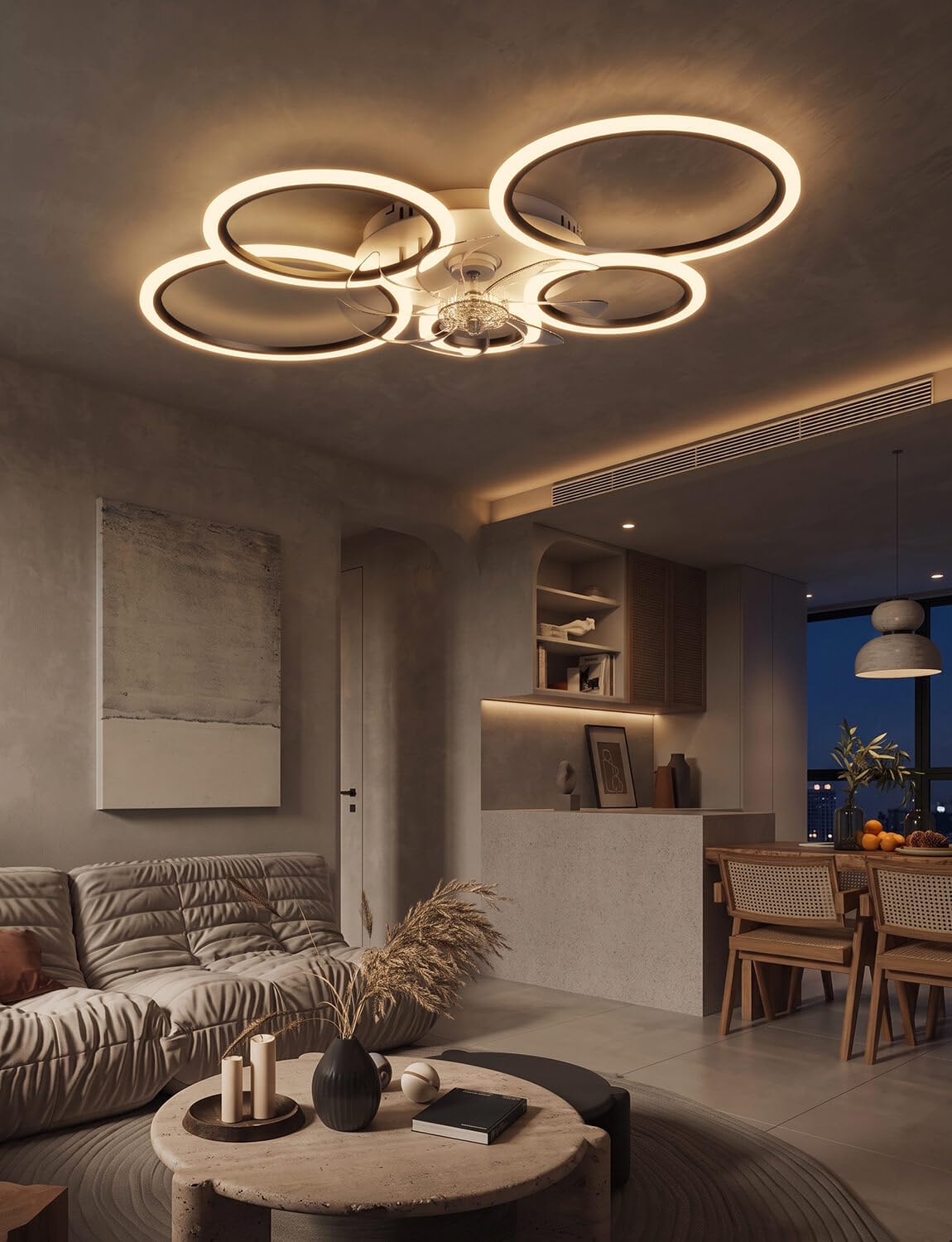 Deckenventilator mit Beleuchtung Kompatibel mit Alexa und Google Assistant, 100cm Deckenleuchte mit Ventilator Wohnzimmer, Leise Timer Dimmbar Reversible Ring Ventilator, Schwarz