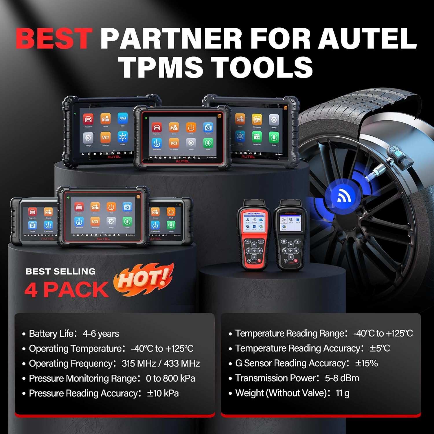 Autel TPMS Sensors Set of 4, MX Sensor 2in 1 315MHz + 433MHz, MaxiTPMS Tire Sensors Programmed by TS508WF/ITS600/TS900, Press-in OE-Level Sensors with Metal Stem