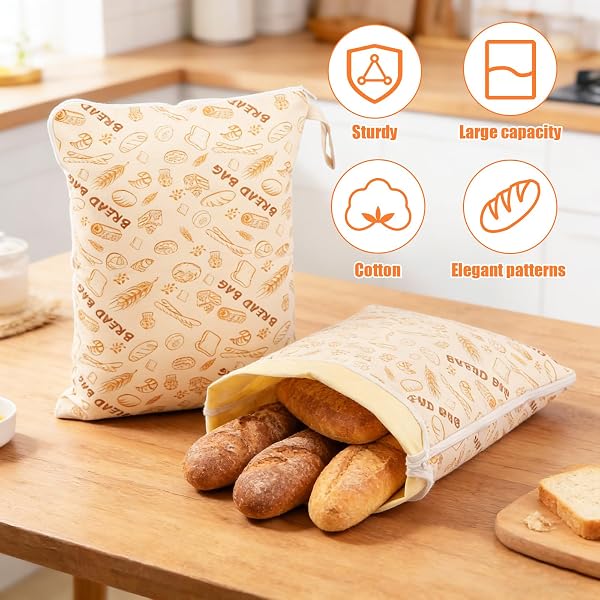 2 Pezzi di Sacchetti per Pane in Cera d'Api 43cm×33cm, Sacchetto per Pane Riutilizzabile con Chiusura a Cerniera e Manico, Sacchetti per Pane in Cera d'Api Naturale - 2