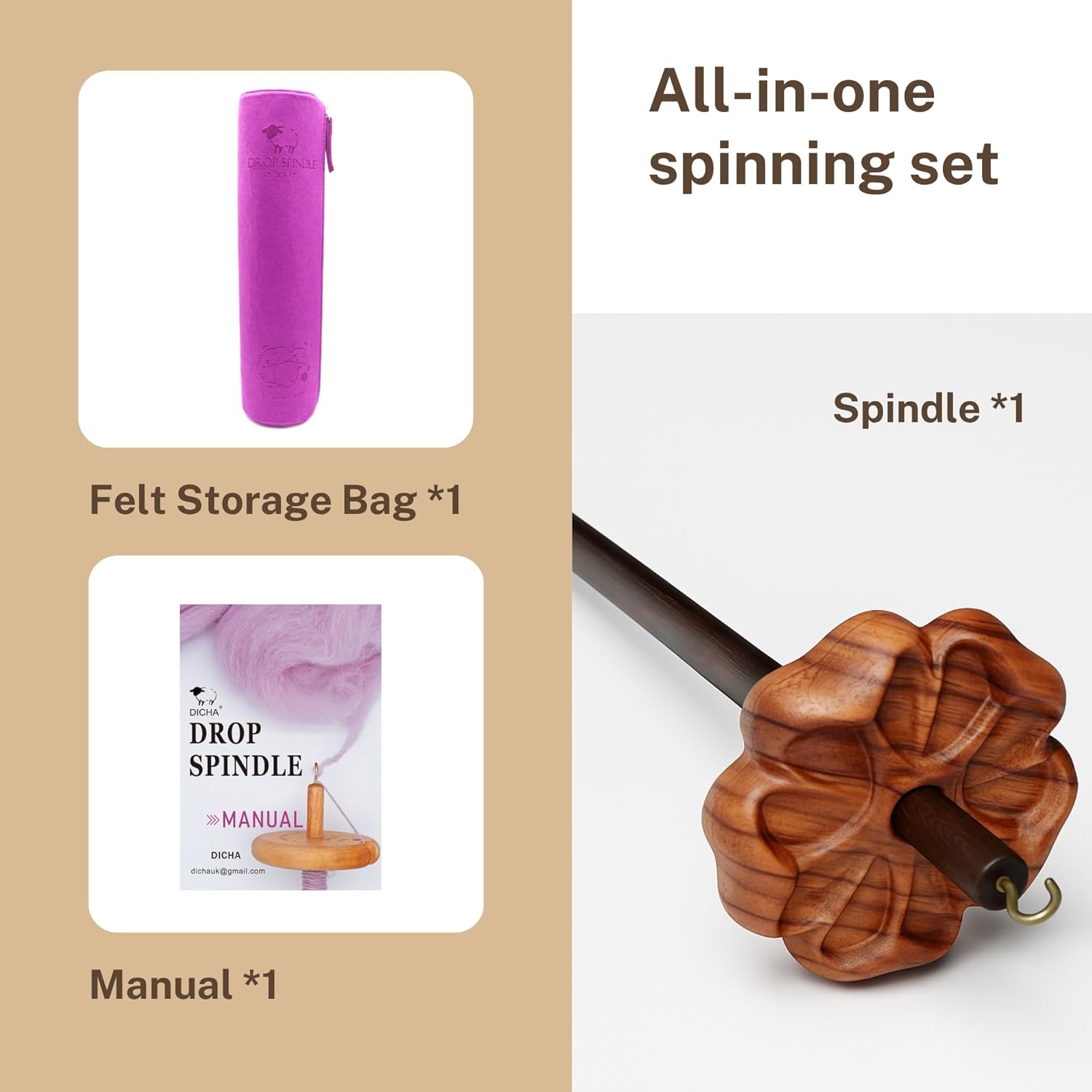 DICHA 3" Drop Spindle Kit- High Low Whorl Wooden Spindles with Tutorial -Weaving Spinning Wheels for Beginners-Perfect Spinner Gifts-Durable,Easy to Use-Rosewood