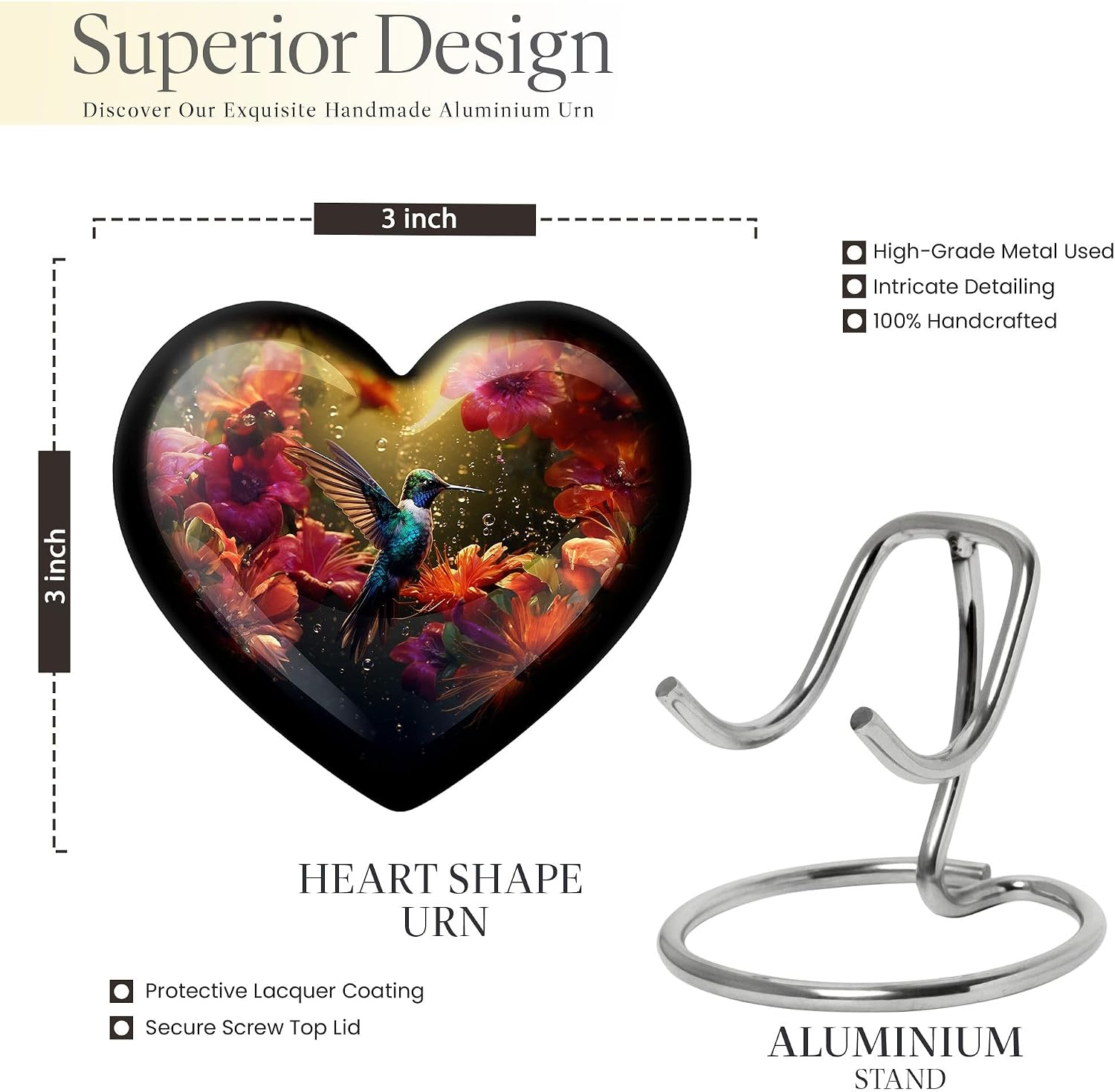 Humming Bird Memorial Urn, Heart Cremation Urn, 3 Inch Urns Urn Set of 2, Black Urns, Mini Urns for Ashes Mom & Dad, Decorative Urns, Keepsake Urns, Urns for Human Ashes Adult Female
