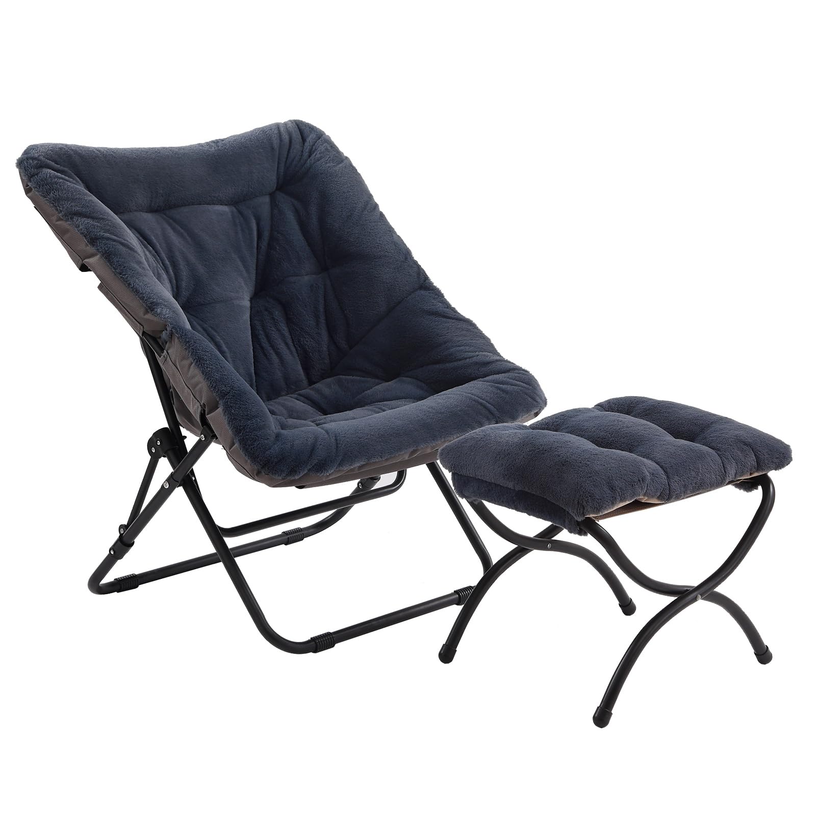 Tiita Folded Chair with Ottoman, Soft Faux Fur Oversized Folding Accent Chair,Lounge Lazy Chair, Metal Frame Moon Chair for Bedroom, Living Room, Dorm