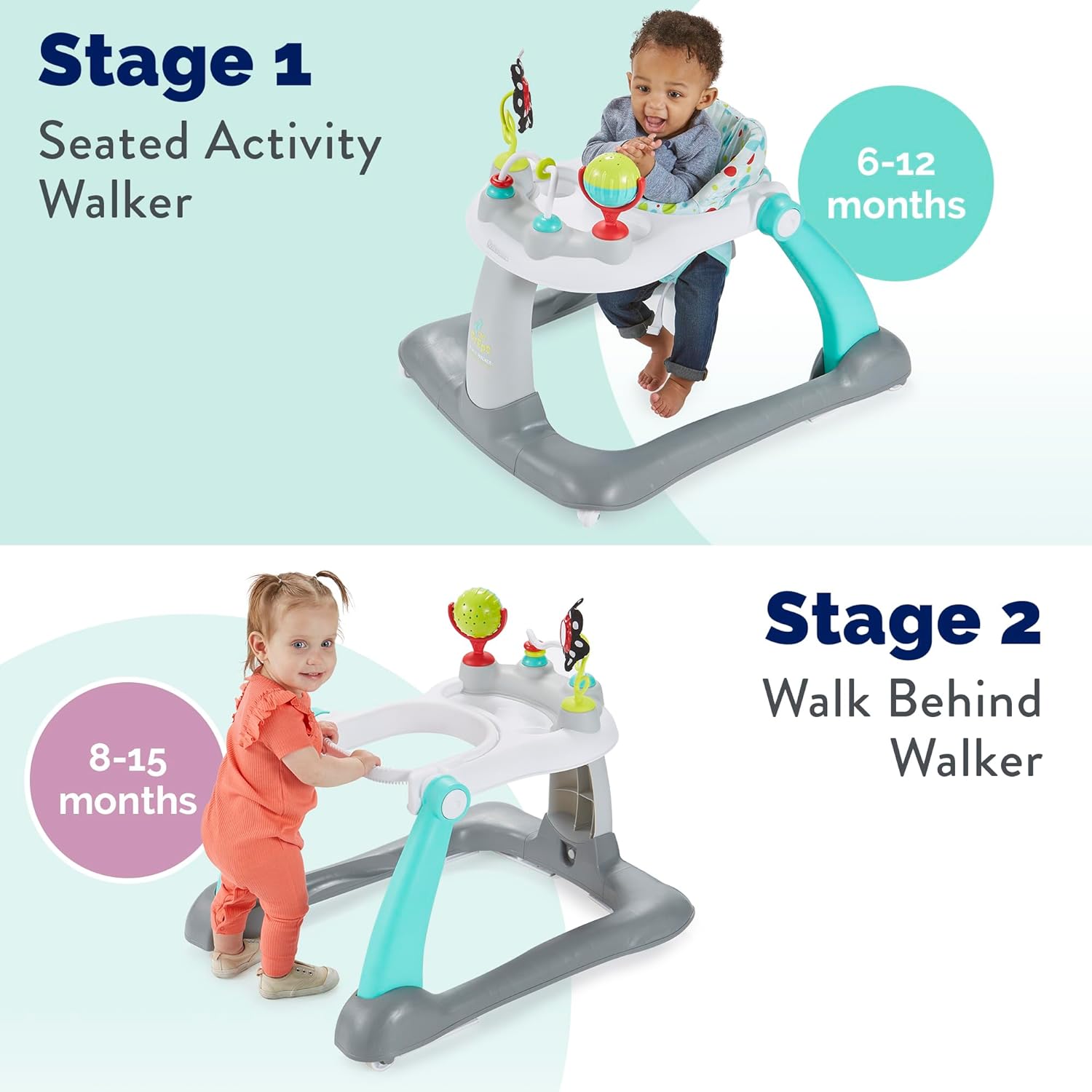 kolcraft tiny steps 2 in 1 foldable infant and baby walker with wheels, seated or walk behind activity center, entertaining developmental activities for boys and girls, wide base sturdy frame, bubbles