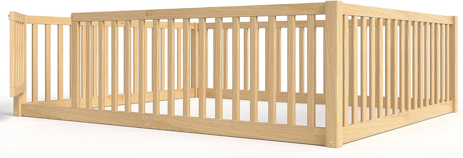 Bellemave Queen Size Montessori Floor Bed with 23.5" High Rails, Pine,Plywood Queen Floor Bed with Small Door, Natural