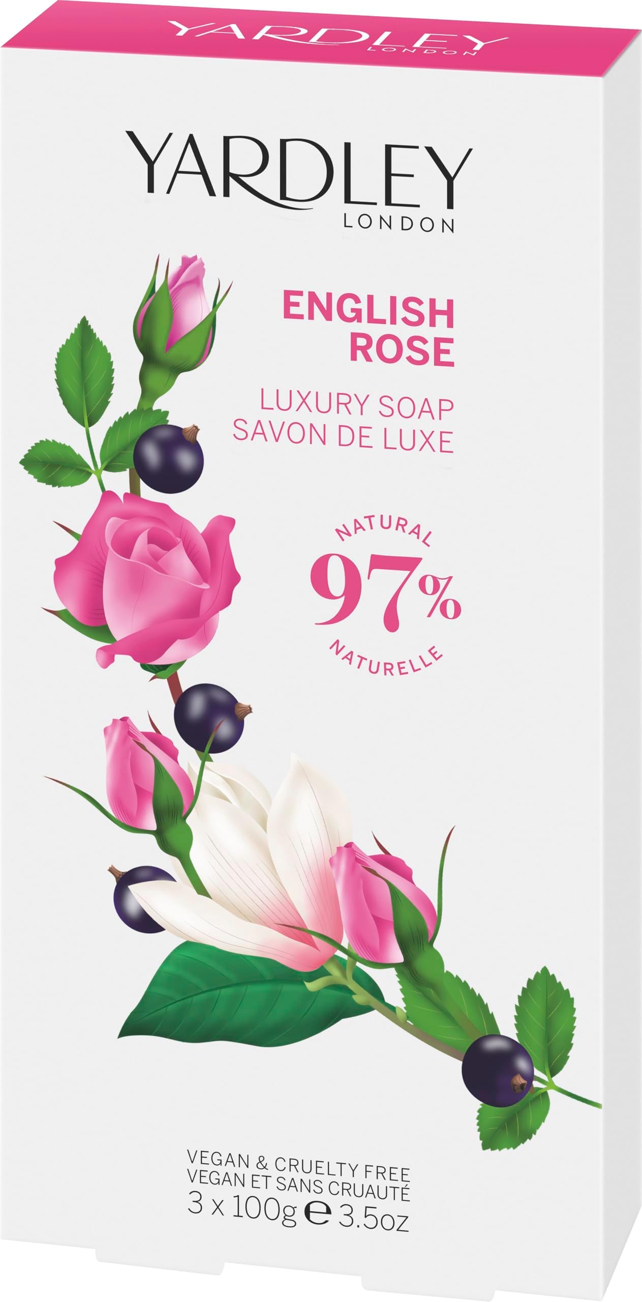 London English Rose Soap, Moisturising Solid Soap Bar for Women, Finely Milled Soap Bar with Notes of Citrus and Magnolia 3x100g