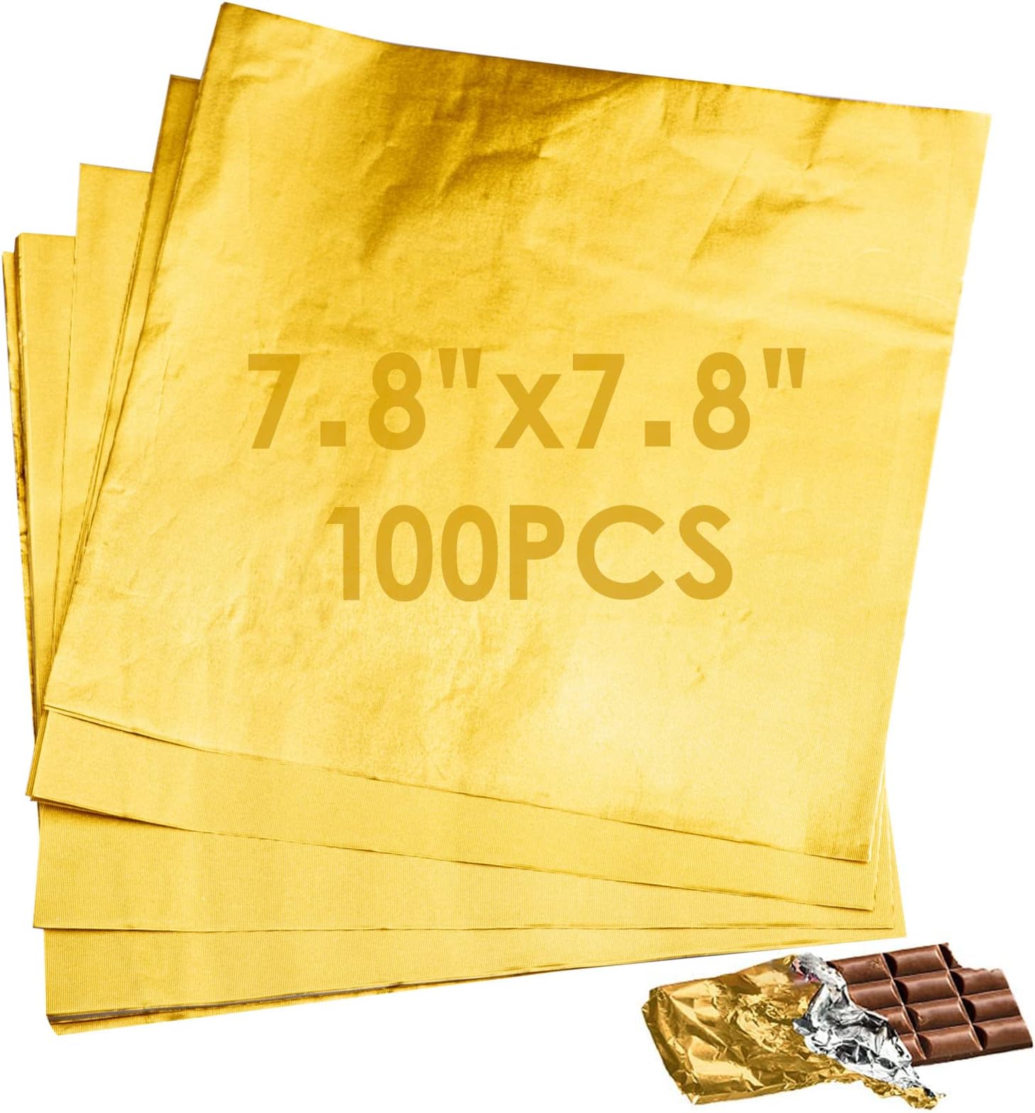 7.8 Inches Foil Wrapper 100pcs Large Chocolate Candy Bar Wrappers Square Gold Wrapping Papers for Protein Energy Bar Break-Apart Chocolate