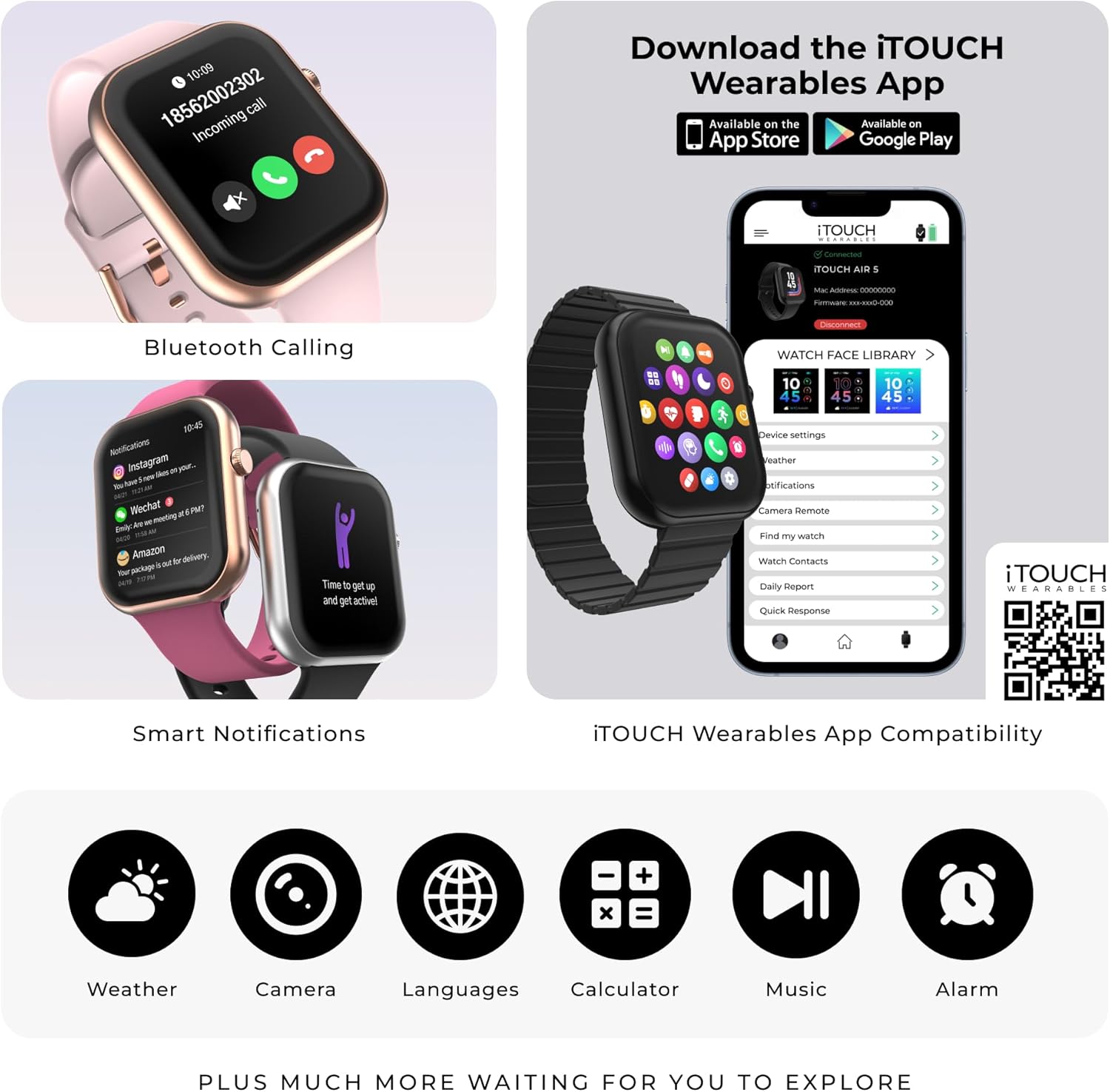 Screenshot of the iTOUCH Wearables App download page on a smartphone, showing options for App Store and Google Play.