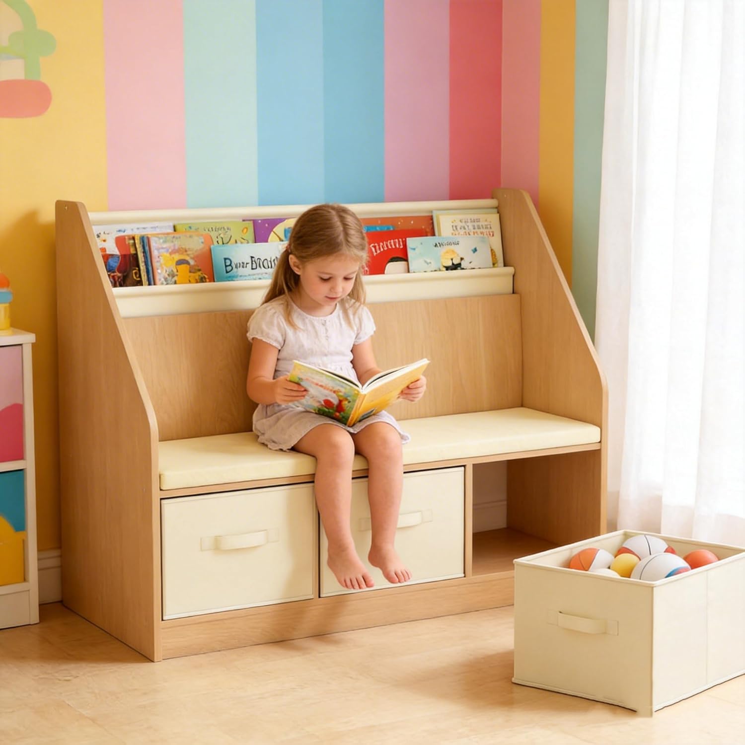 FKWin Kids Reading Nook and Storage Organizer - 3-Tier Kids Bookshelf with Reading Bench, Toy Storage with 3 Boxes, Book Nook for Ages 3-12, Gift for Kid