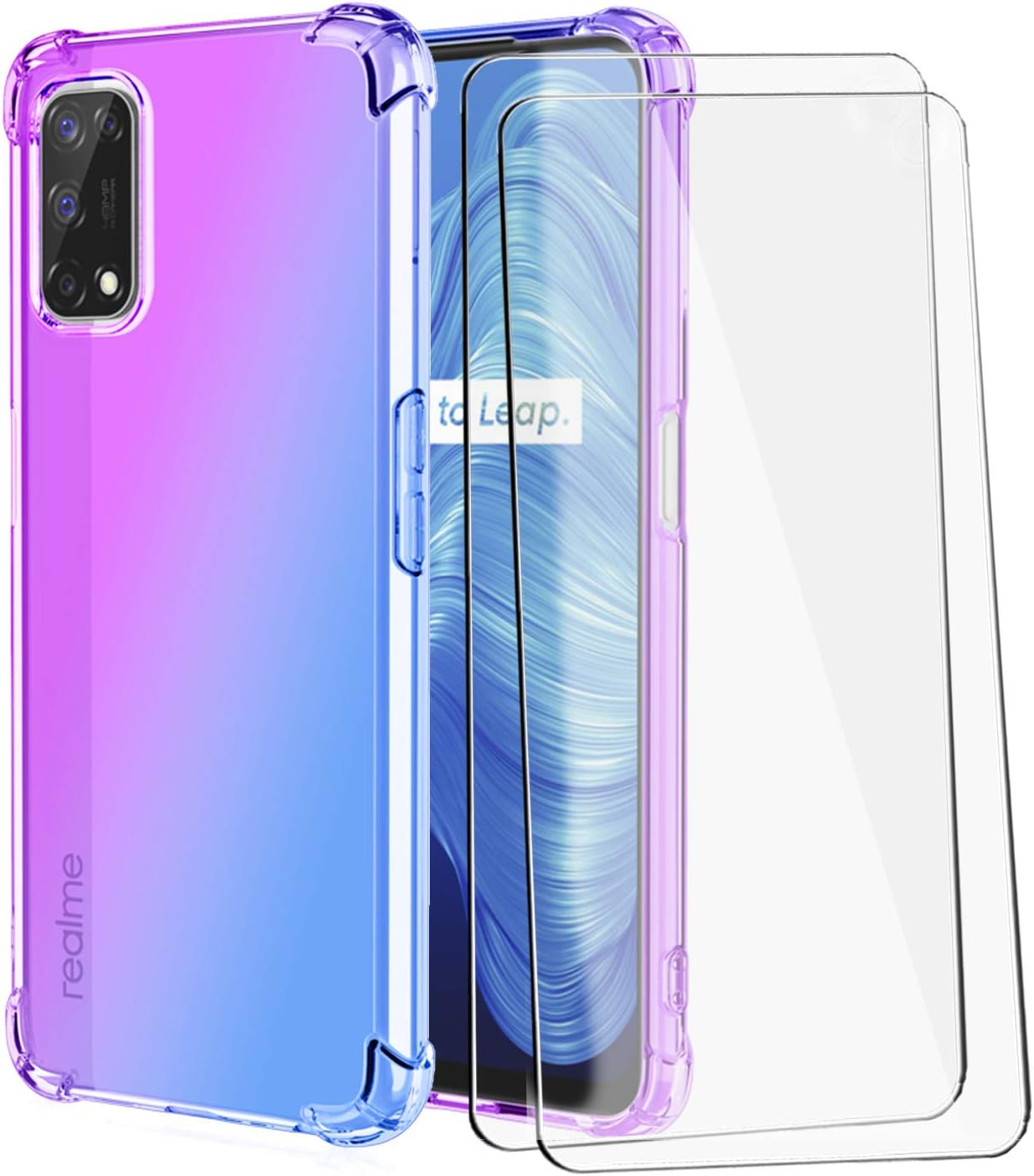 BestShare For OPPO Realme 7 5G Case with Tempered Glass Screen Protector (2 Packs), Crystal Clear Soft Silicone Transparent Anti Slip Shockproof TPU with Corners Airbag Cover, (Purple/Blue)