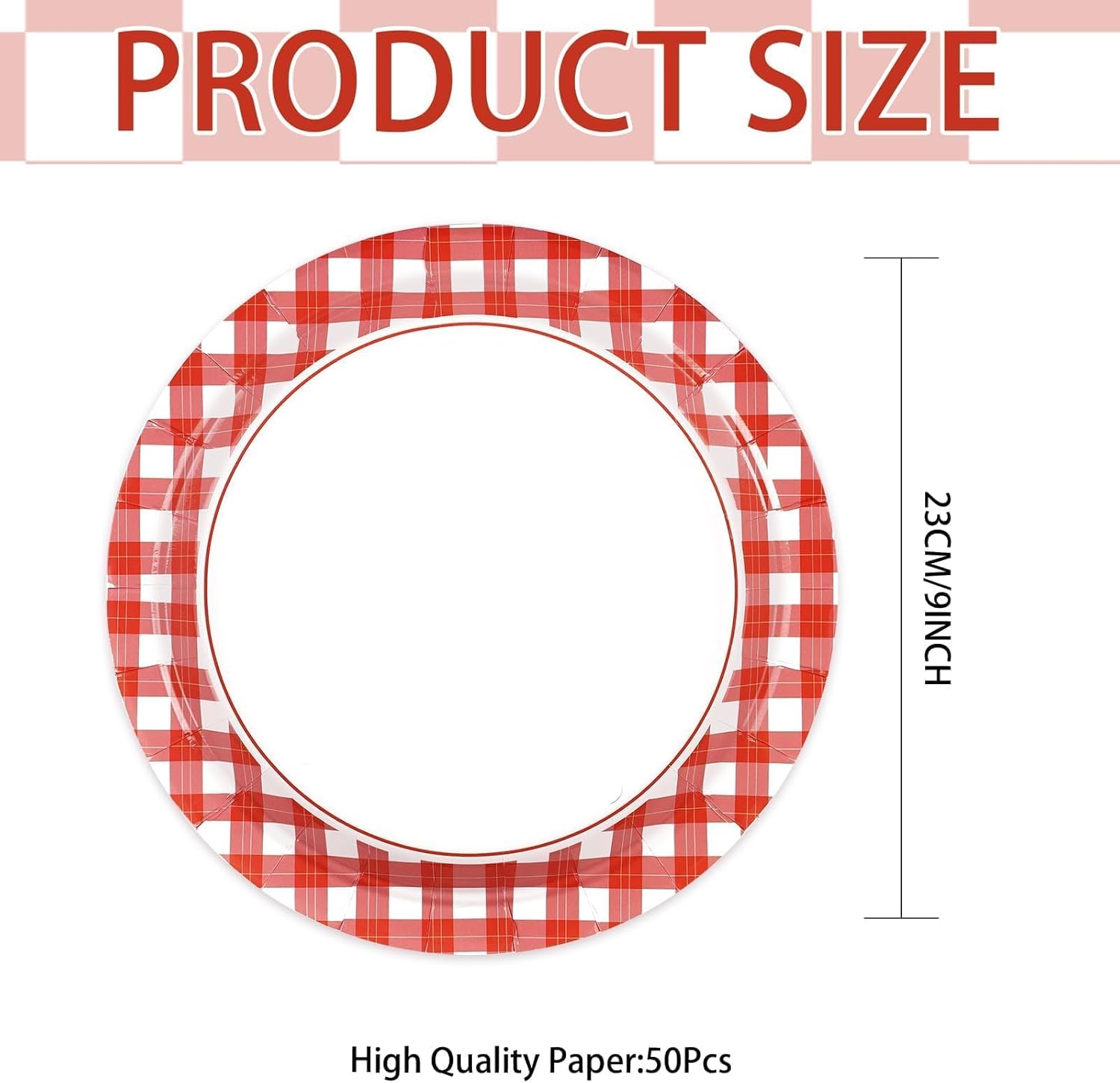 50Pcs Red and White Gingham Paper Plates 9" Red Gingham Checkered Plaid Dessert Plates Disposable Valentine's Day Party Supplies for Valentine's Day Picnic BBQ Baby Shower Birthday Party Decorations - Image 2