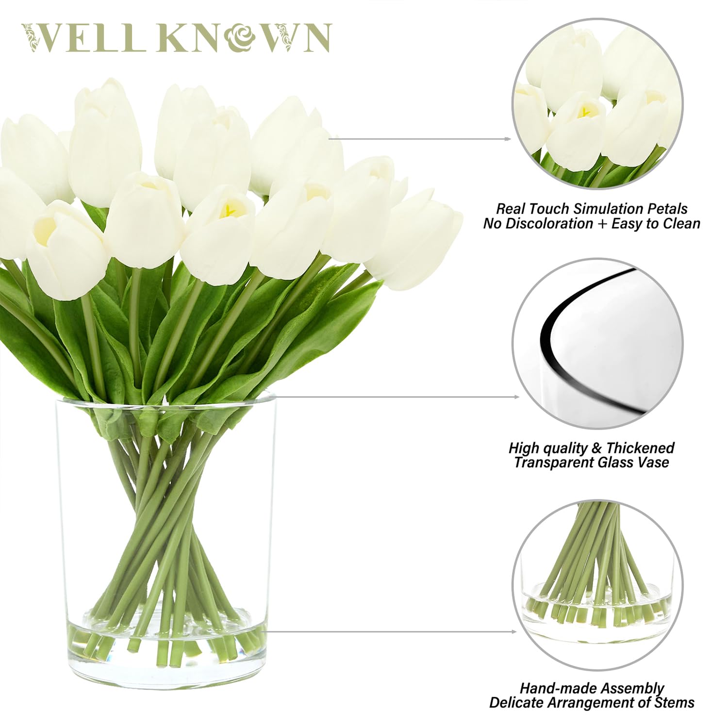 WELL KNOWN 20 Stück weiße Tulpen künstliche Blumen in Vase mit künstlichem Wasser, künstliche Tulpen fühlen sich echt an, Blumenarrangements, künstliche Tafelaufsatz für Esszimmertisch