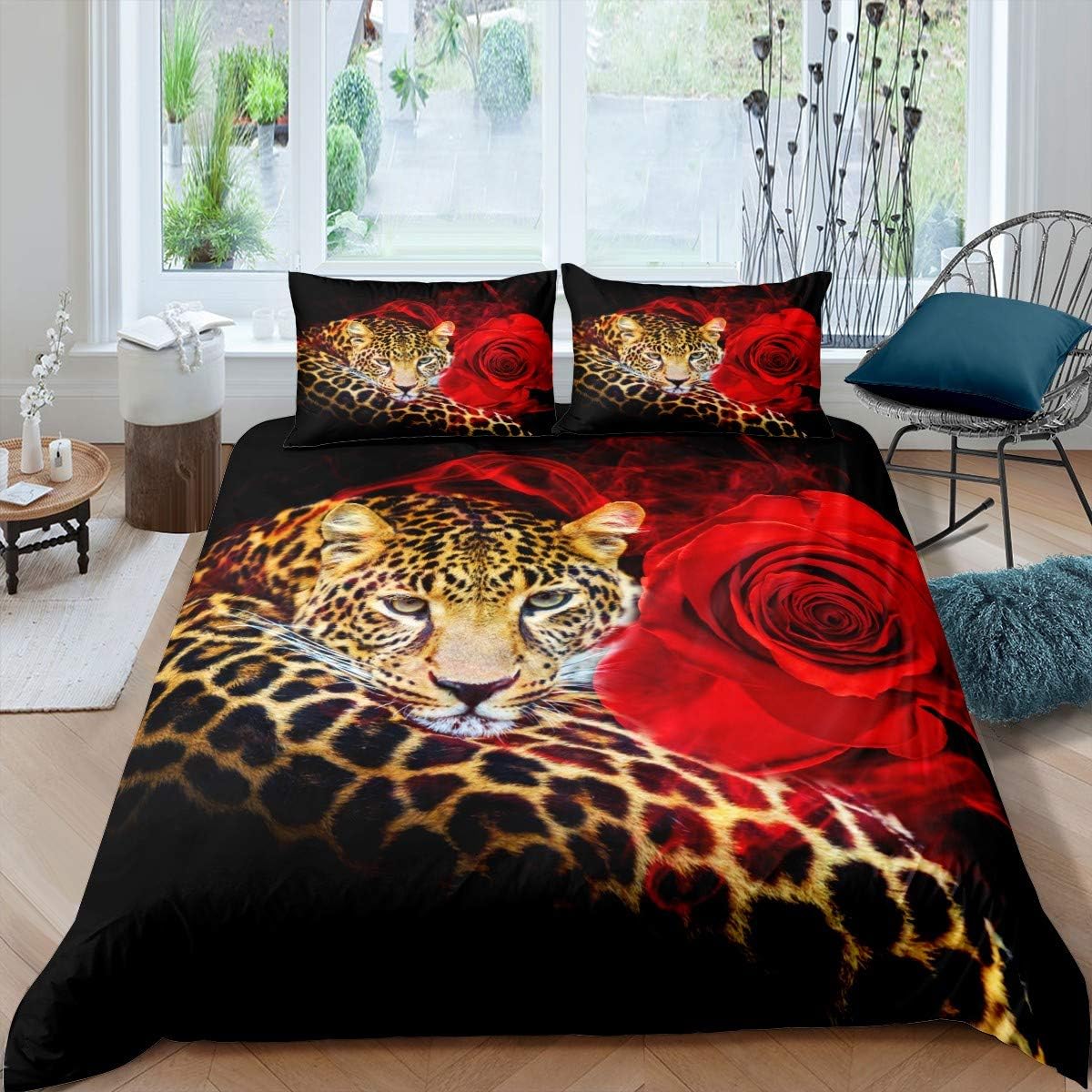 Feelyou Leopard Bedding Set for Girls Boys Children Red Rose Comforter Cover Decorative Safari Cheetah Print Duvet Cover Wild Animal Theme Luxury Bedspread Cover King Size 3Pcs Bedclothes
