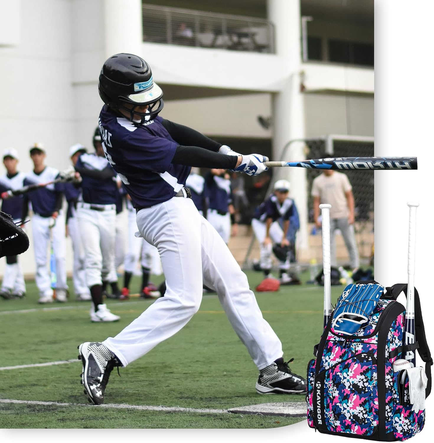 KAVIGOR Baseball Bag for Youth and Adult, Softball Bag 50L Large Capacity Holds 4 Bats, Equipment Backpack with Shoes Compartment