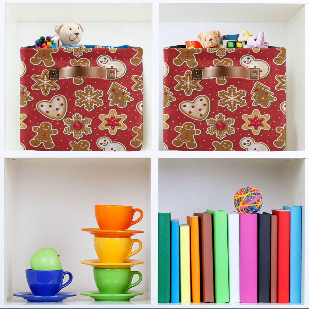 Christmas Gingerbread Man Red Storage Basket Fabric Laundry Baskets Winter Snowflake Snowman Xmas Tree Storage Boxes Organizer Bag for Baby Cloth Dog Toy Book Storage Cubes Shelf Closet Bins 16×12×8