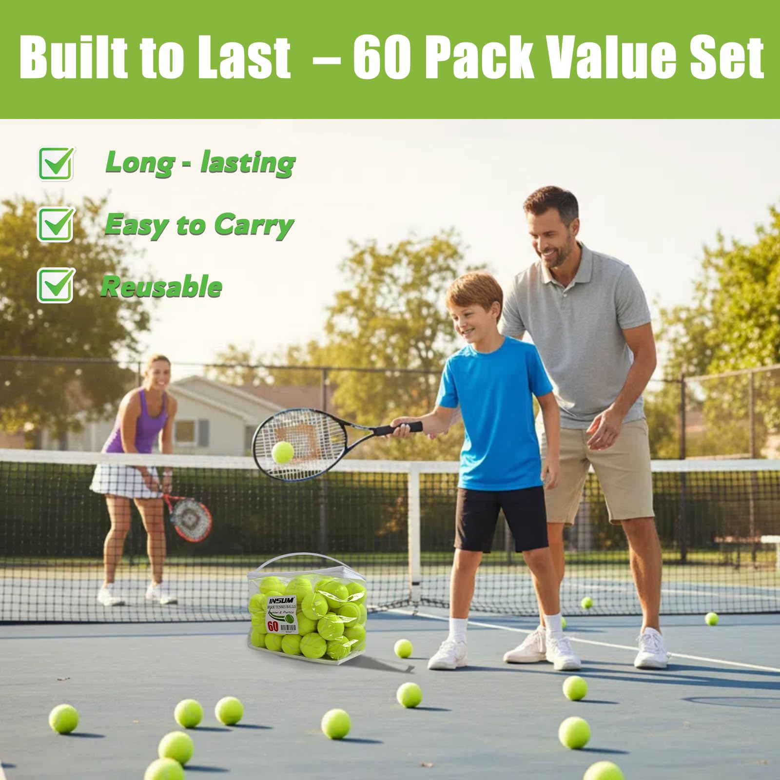 INSUM Tennisbälle für Anfänger, 30/60/120 Stück, hohe Elastizität, Übungs-Tennisbälle mit Netztaschen, tragbar für Haustier, Hund, Outdoor-Spielen, Training, Apportieren