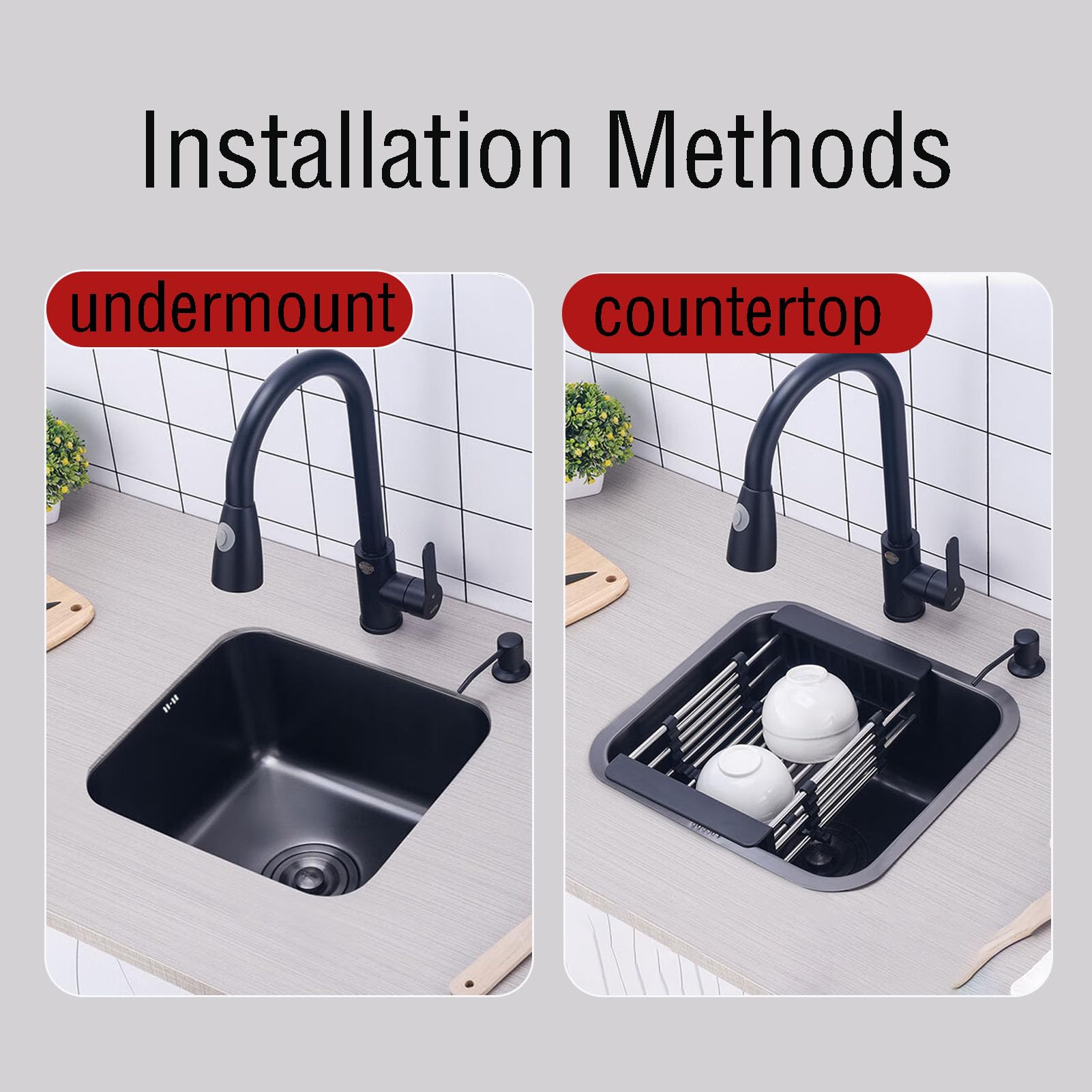Fregadero de cocina de acero inoxidable de alta calidad, 34 x 31 x 19 cm, elegante diseño negro con juego de drenaje, versátil instalación empotrada o empotrada, ideal para cocinas modernas