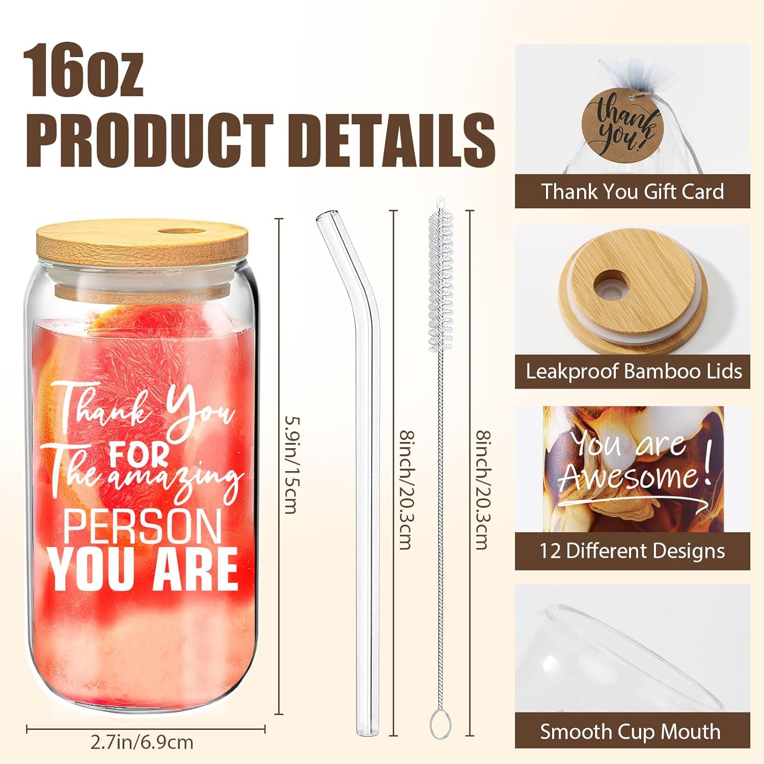 12 Set Thank You Gifts Employee Appreciation Gifts Bulk, 16 oz Glass Cups with Lids Straws Brushes and Gift Cards for Staff Coworker Friends Teacher Nurse