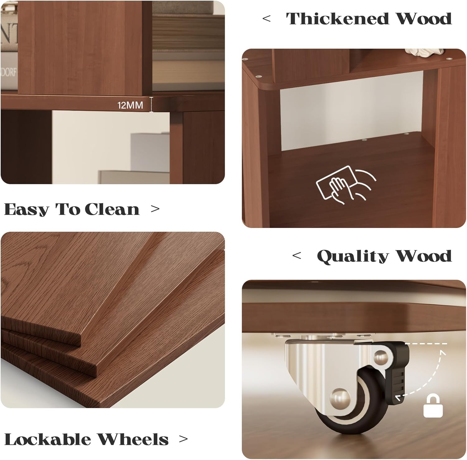 4 Tier Solid Wood Rotating Bookshelf Tower on Wheels, 360° Upgrade Spinning Book Shelf, Revolving Bookcase Organizer, Swivel Bookshelves for Small Spaces, Corner, Bedroom, Kids Room, Office (Walnut)