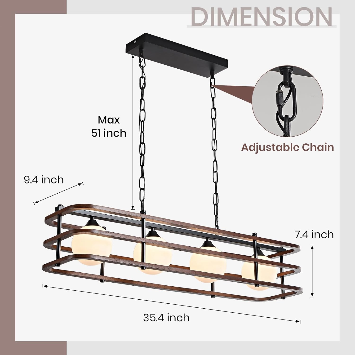 35" Farmhouse Rectangular Chandelier with Remote, Dimmable LED Wood Pendant Light for Kitchen Island, Dining Room Table, Color Changing Rustic Ceiling Light Fixture