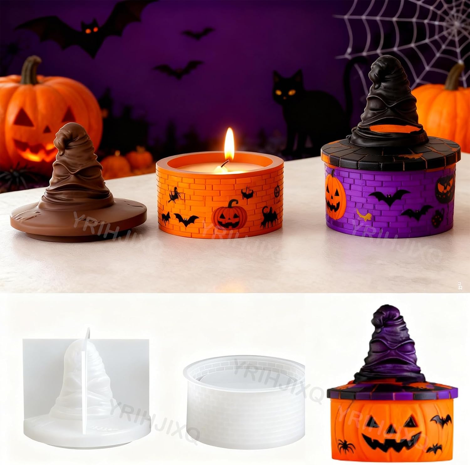 Resin Molds Silicone Jars with Lids Hat Epoxy Resin Casting Mold for DIY Candle Holder Jewelry Box Halloween Gypsum Polymer Clay Crafts