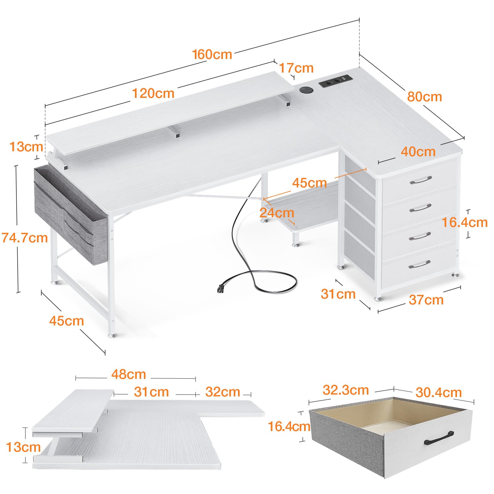 ODK Bureau d'angle en forme de L avec port de charge USB et prise de courant, bureau d'angle avec 4 tiroirs et étagère pour écran, bureau d'ordinateur, en forme de L, pour