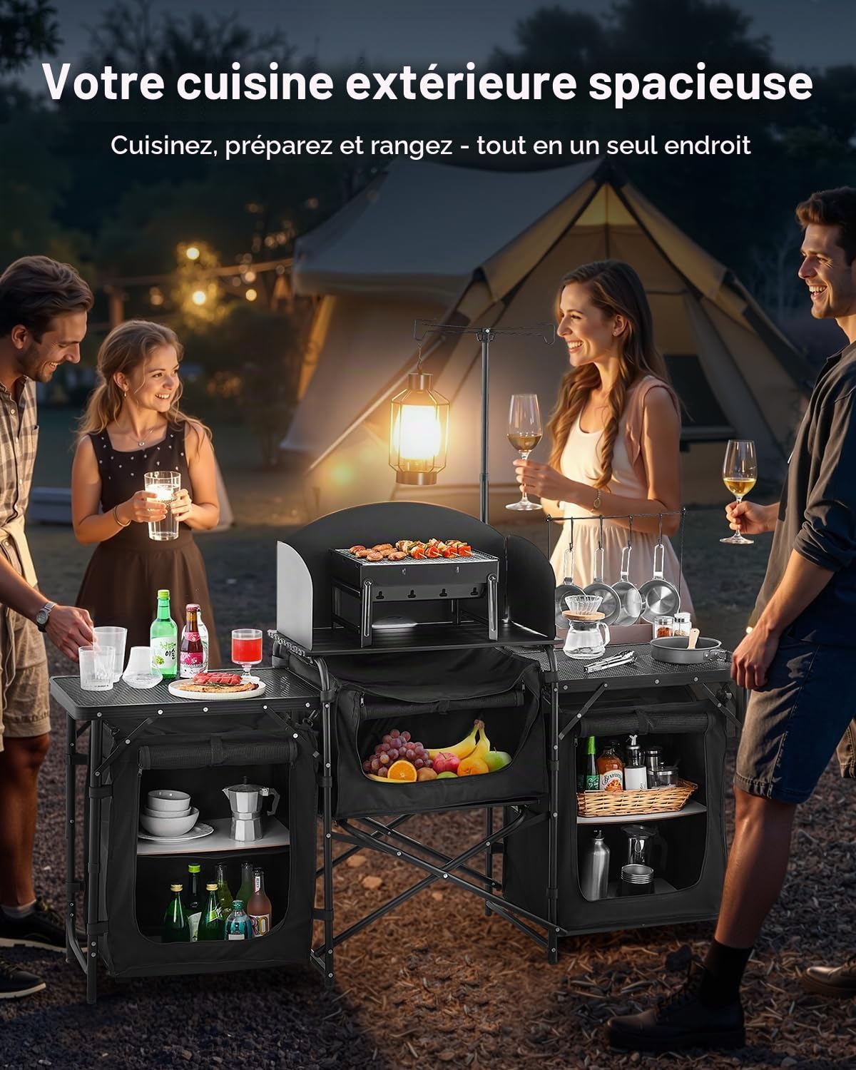 VEVOR Cuisine de camping portable en aluminium, table de camping en plein air, avec 3 placards de rangement, sac de transport, pare-brise amovible, installation rapide pour barbecue, pique-nique, noir