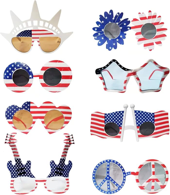 JAKADYUKS American Flag Glasses 8pcs, Fourth 4th of July Party Accessories, USA Veterans Day decoration Memorial Day Patriotic Party Favors, Red White and Blue Photo Booth Props